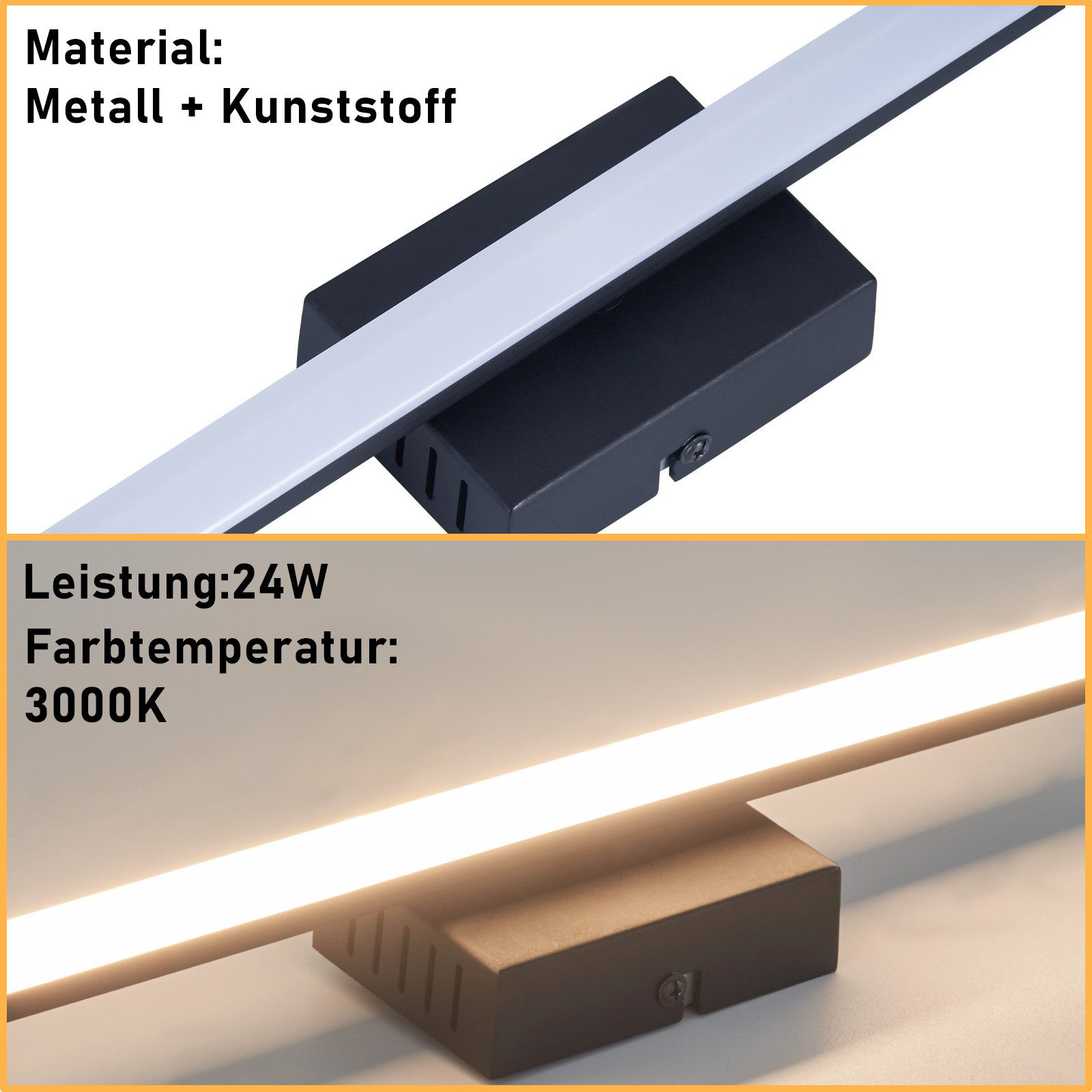 Un primo piano di un apparecchio di illuminazione a LED nero, che mostra i dettagli del materiale e della temperatura del colore.