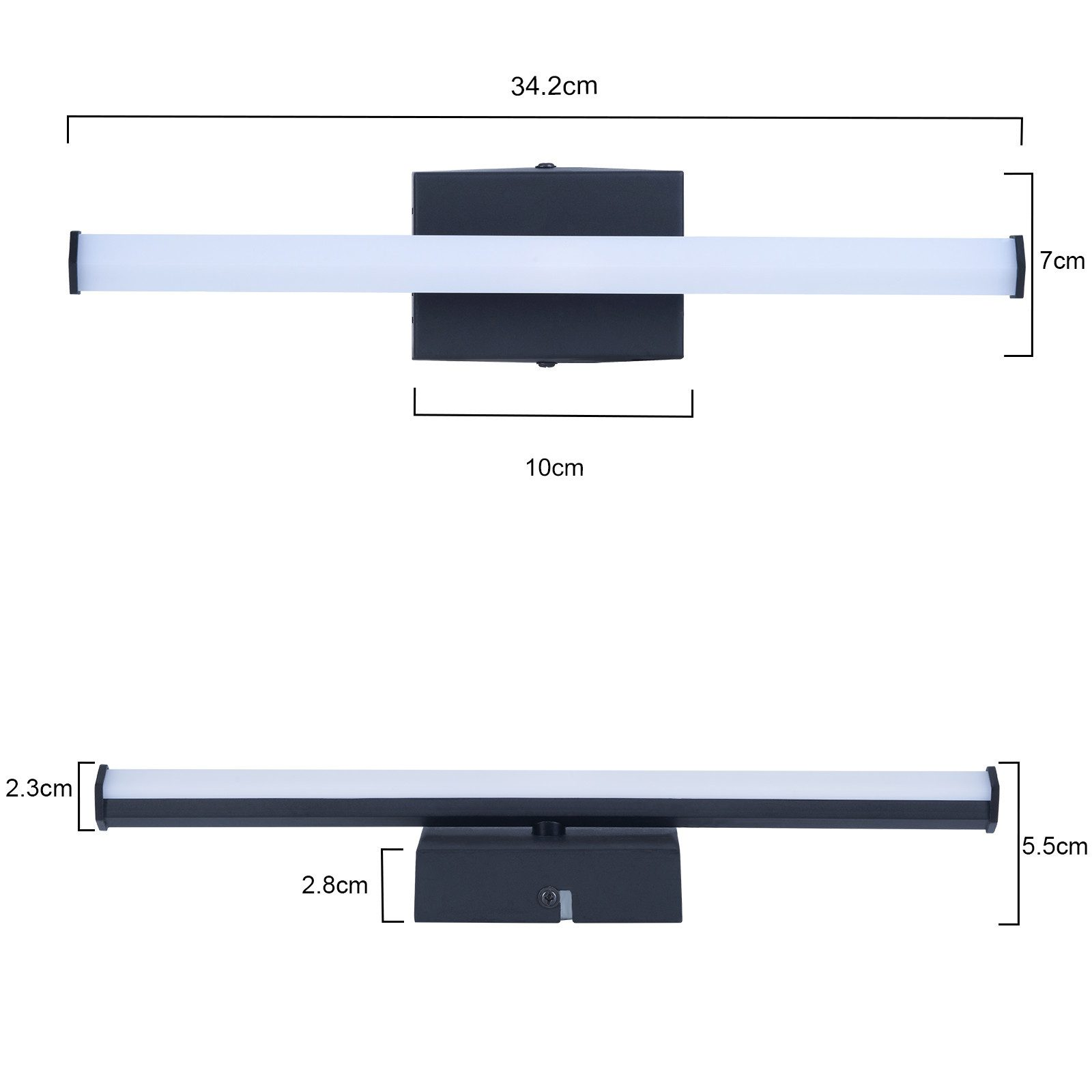 Diagrammi che mostrano le dimensioni di una luce LED nera, utile per l'illuminazione di bagni o vanità.