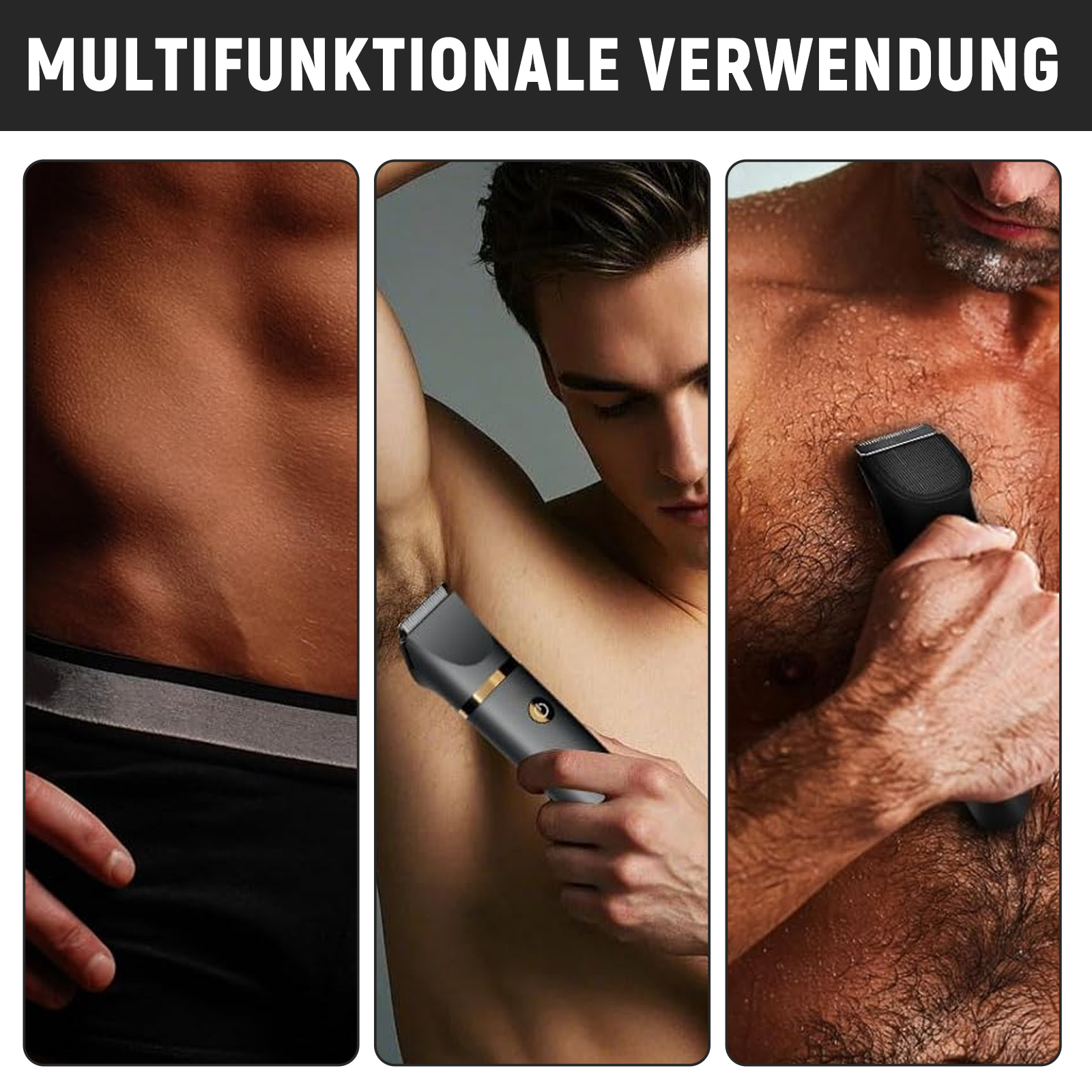 Drei Bilder, die die multifunktionale Verwendung eines Pflegegeräts an verschiedenen Körperteilen zeigen.