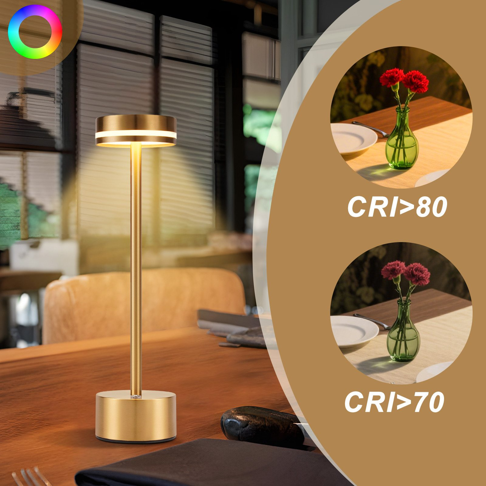 Złota lampa na drewnianym stole, prezentująca wskaźnik oddawania barw (CRI) z kompozycjami kwiatowymi.
