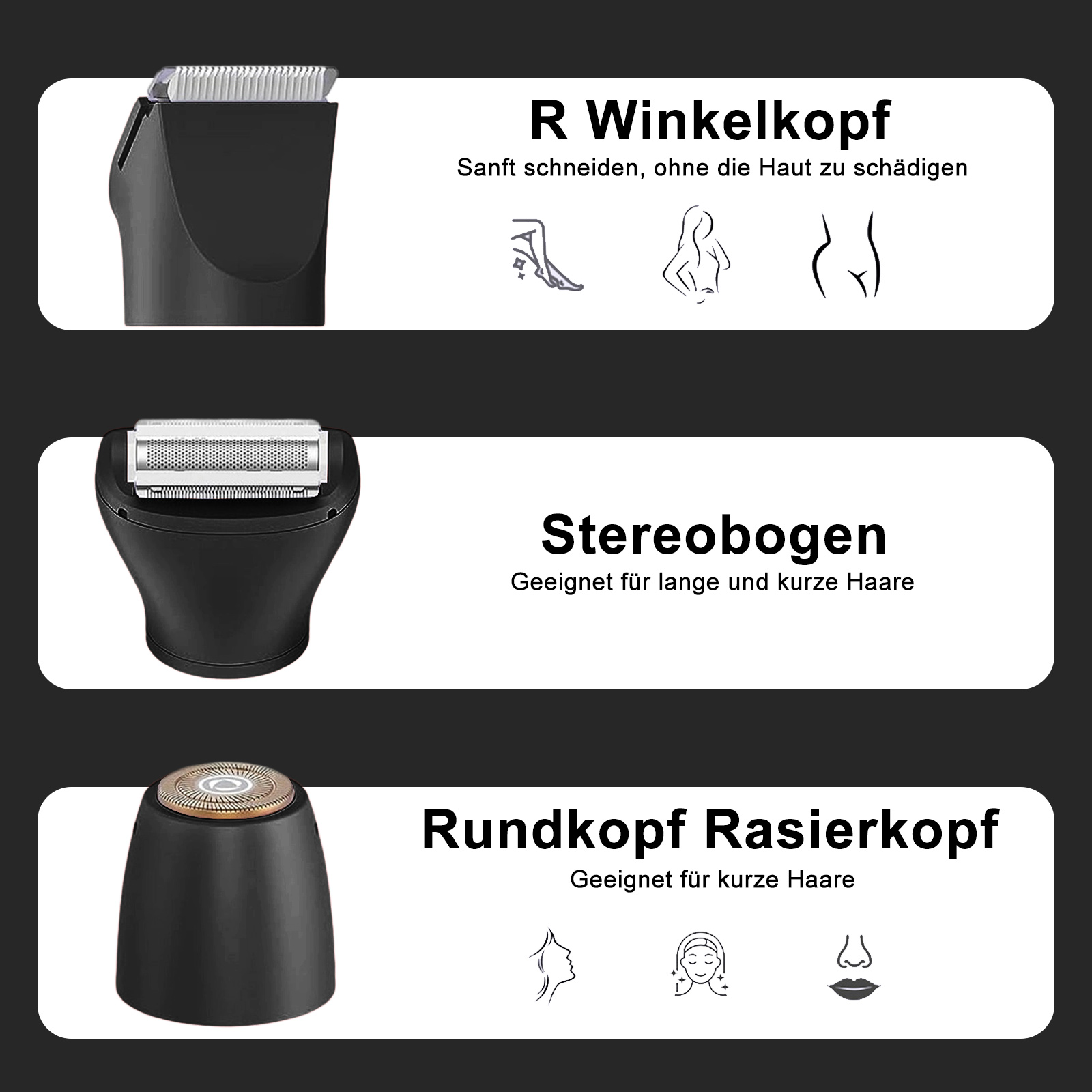 Drei schwarze Trimmerköpfe, die ihre Funktionen zur Haarentfernung an verschiedenen Körperbereichen beschreiben.