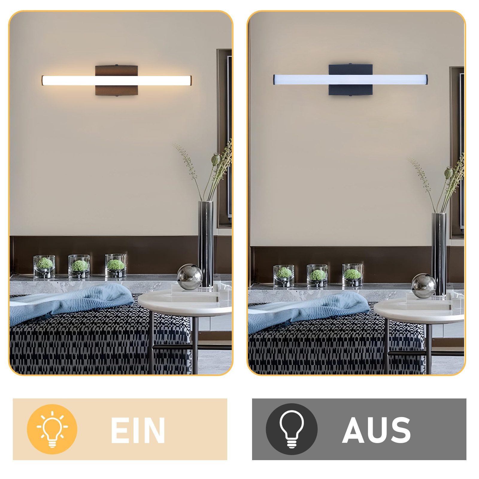 Due immagini di un apparecchio di illuminazione a LED, che lo mostrano sia acceso che spento in un ambiente bagno moderno.