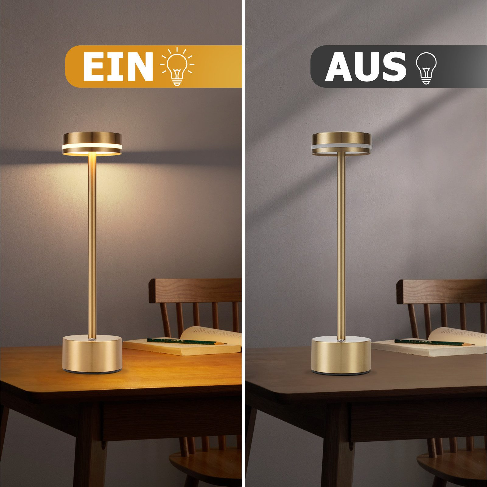 Złota lampa na drewnianym stole jest zapalona. W tle widać krzesło i ścianę.