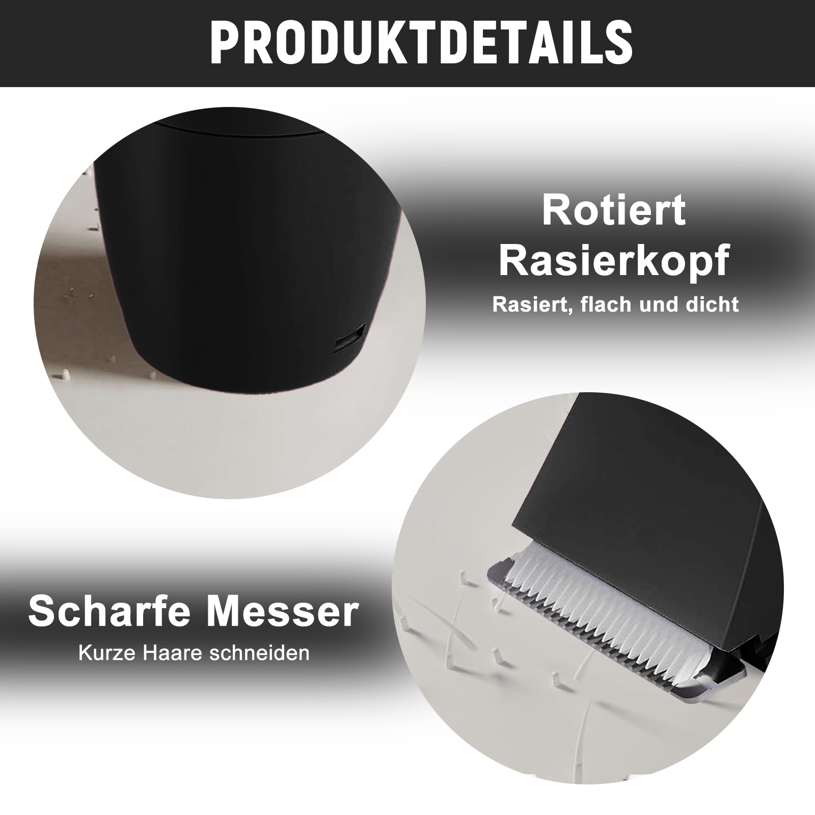 Das Bild zeigt Nahaufnahmen eines schwarzen Rasierers: Kopf, scharfe Klingen und Rasurvorgang.