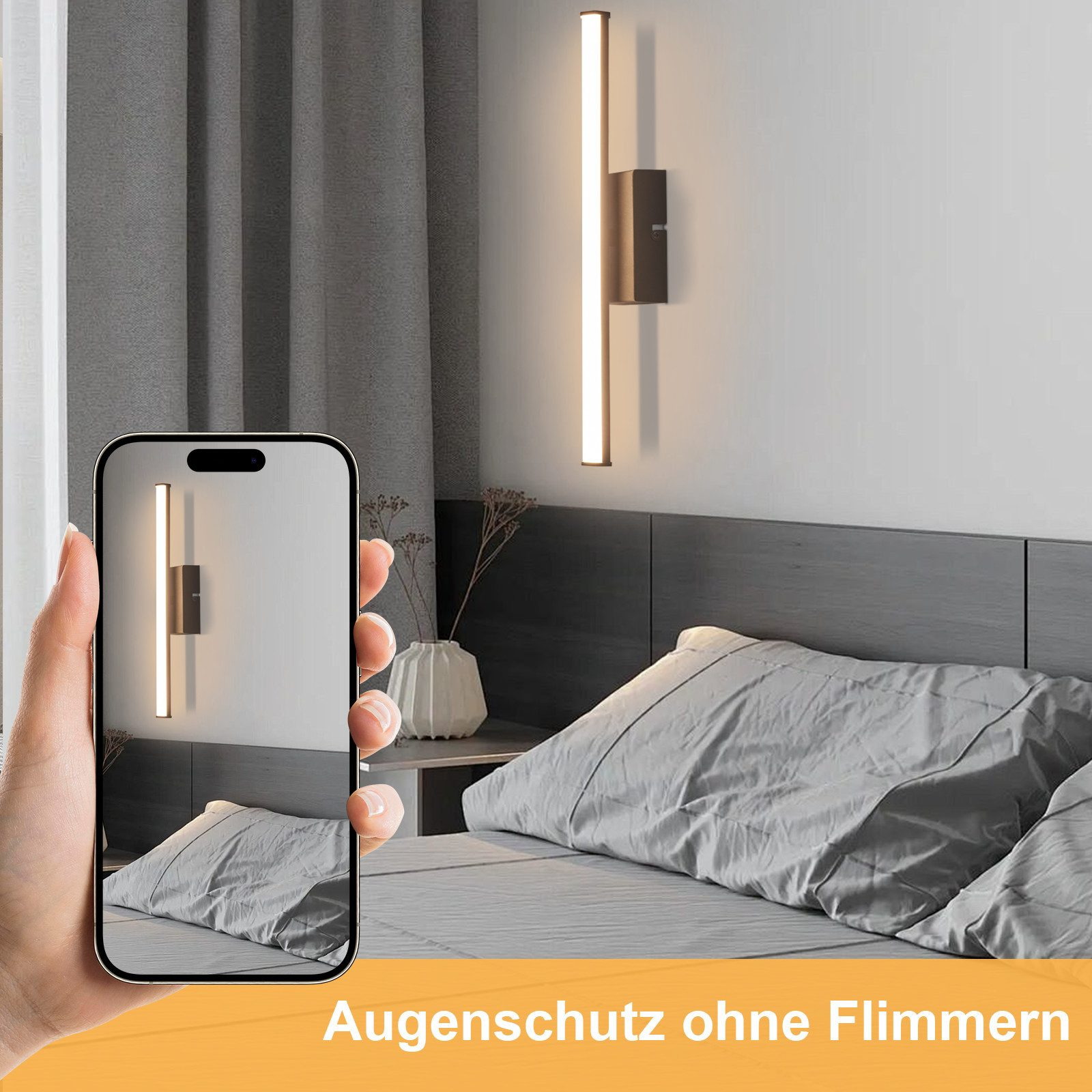 Una lunga lampada a LED è su un muro. Una mano tiene un telefono che mostra la stessa lampada.