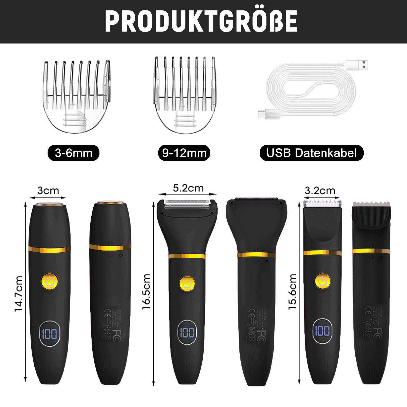 Produktdetails des Rasierers. Zwei Aufsätze und ein USB-Kabel werden angezeigt.