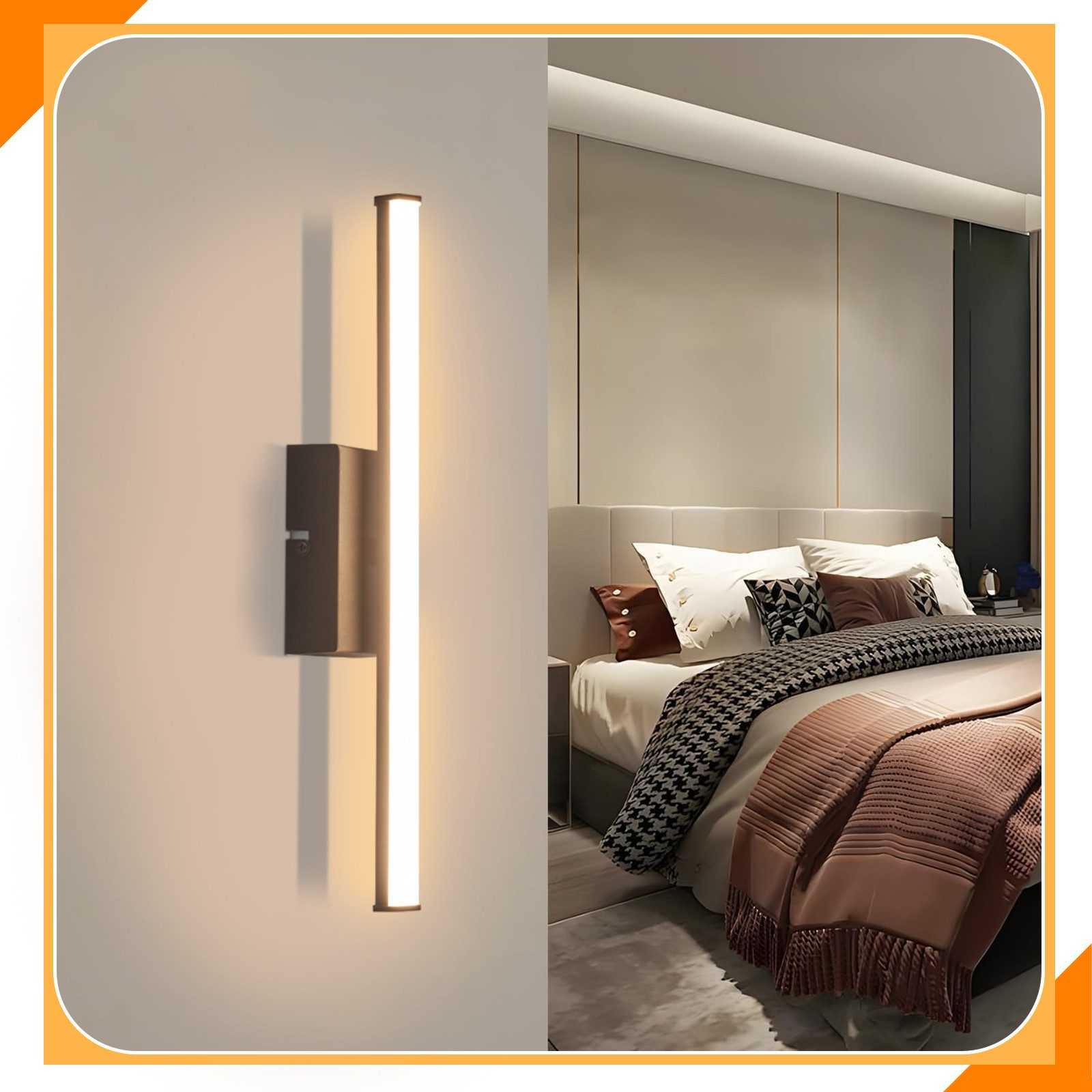 Una lunga lampada a LED su un muro in una camera da letto. Il letto è sullo sfondo.