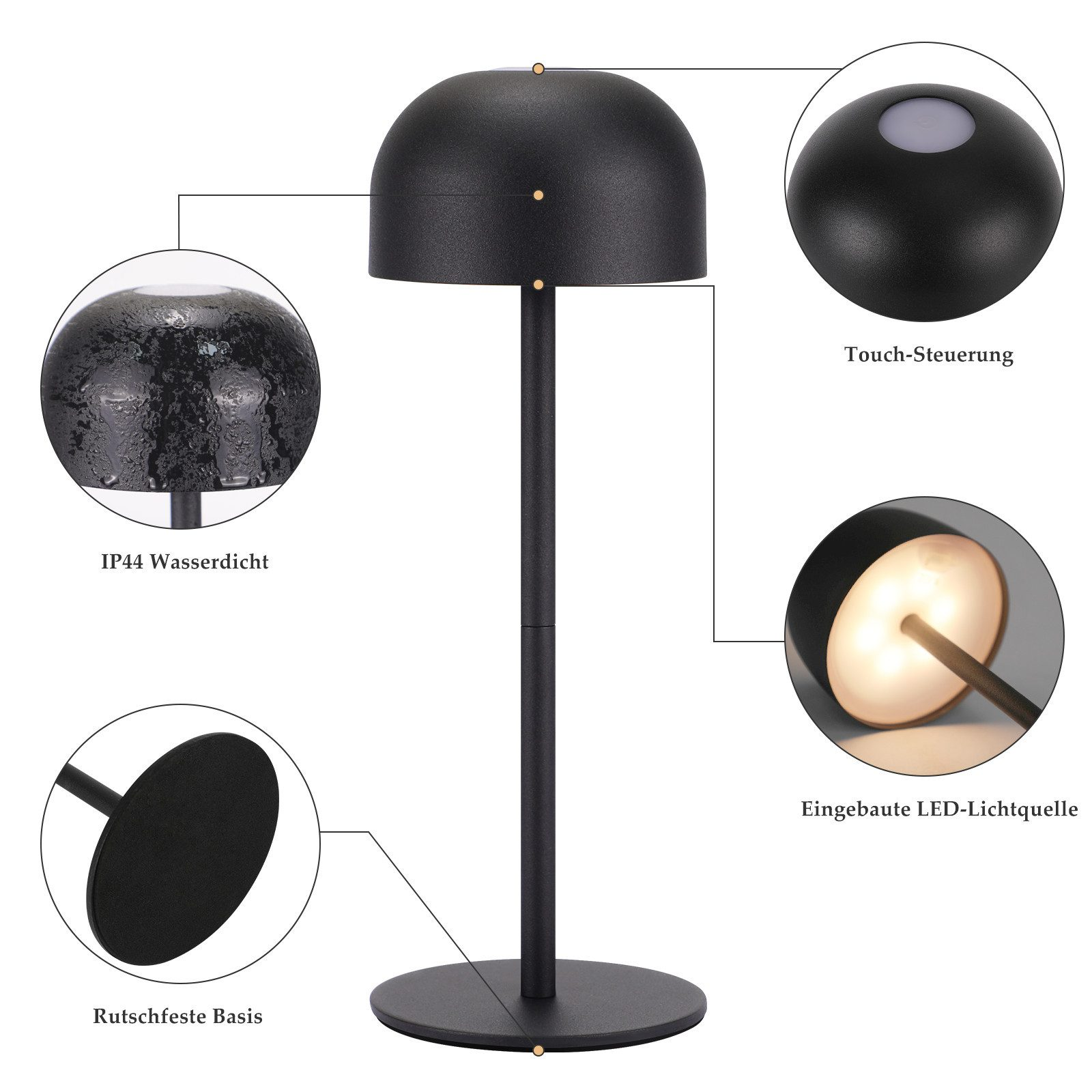 Czarna lampka biurkowa pokazuje sterowanie dotykowe, wodoodporną konstrukcję i wbudowane źródło światła LED.