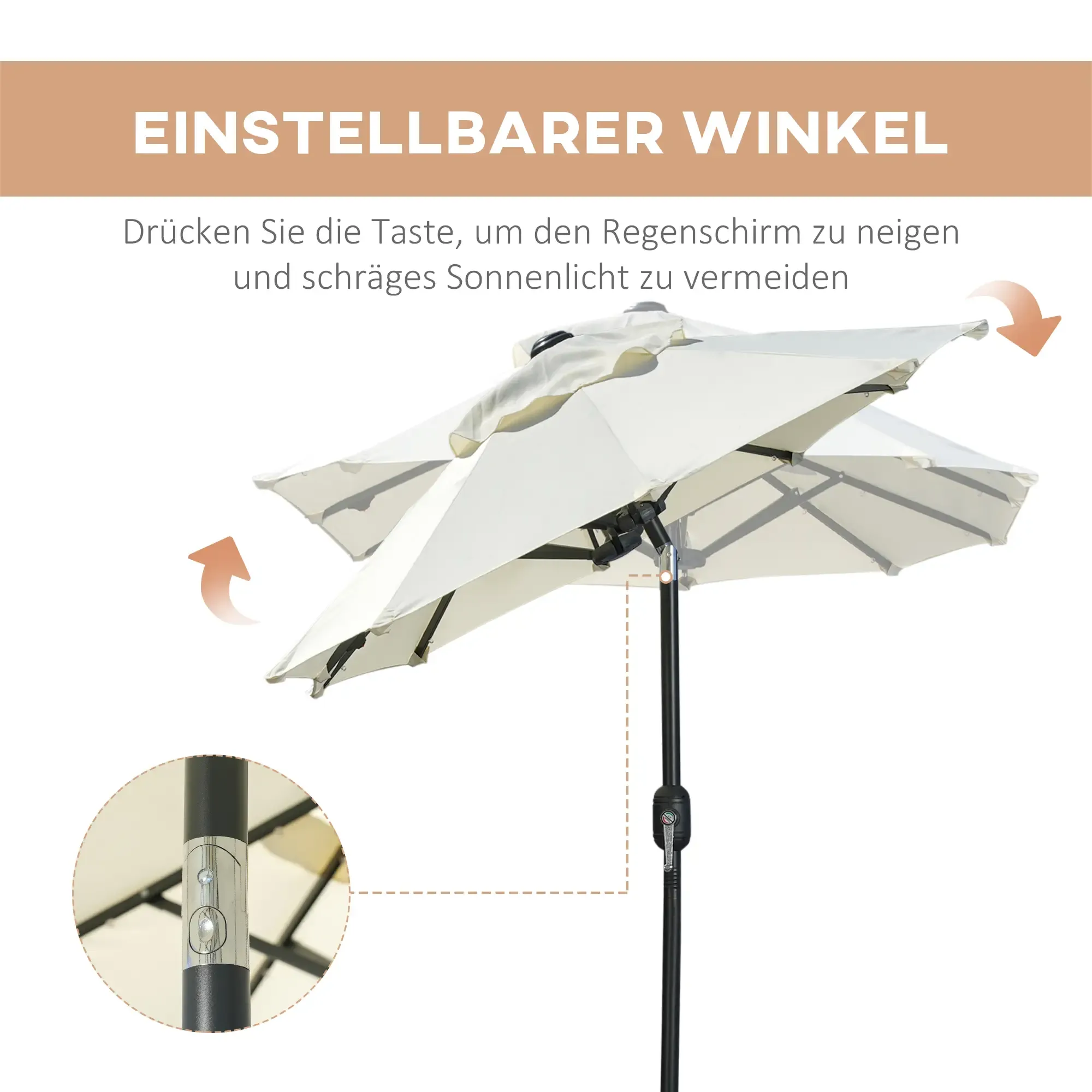Ein weißer, verstellbarer Sonnenschirm wird mit Text angezeigt, der auf seine Winkelverstellfunktion hinweist.