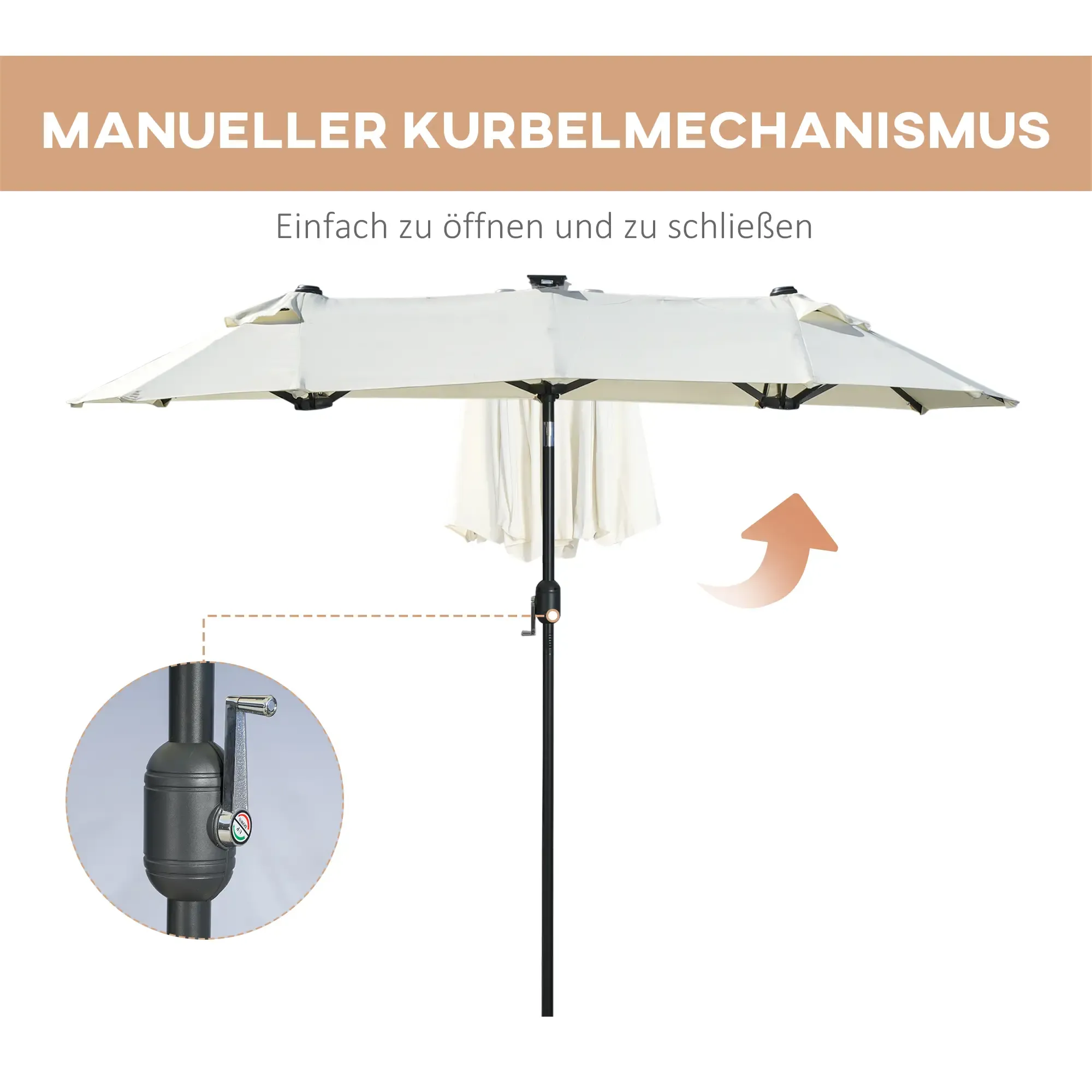 Ein weißer Sonnenschirm wird mit Text angezeigt, der auf seinen manuellen Kurbelmechanismus hinweist.