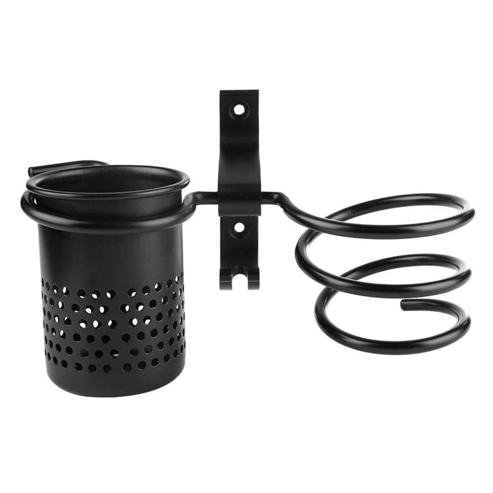 Ein schwarzer Metall-Haartrocknerhalter mit einem Becher- und Spiraldesign ist auf einem weißen Hintergrund montiert.