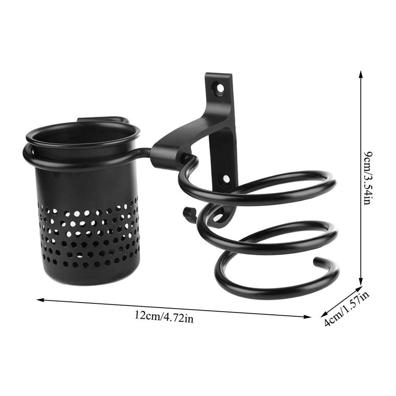 Ein schwarzer Metall-Haartrocknerhalter mit Becher- und Spiraldesign steht mit Hardware auf einer weißen Oberfläche.