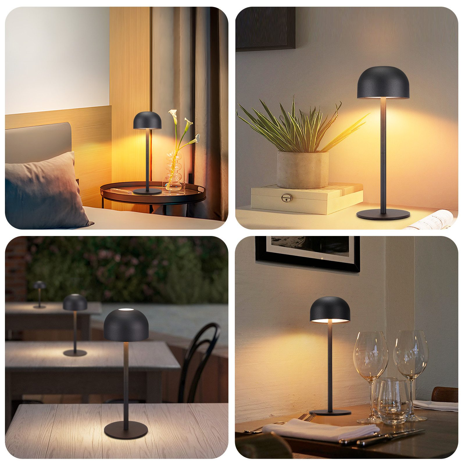 Kolaż czarnej lampy grzybowej w różnych ustawieniach: sypialnia, stół, jadalnia na świeżym powietrzu.