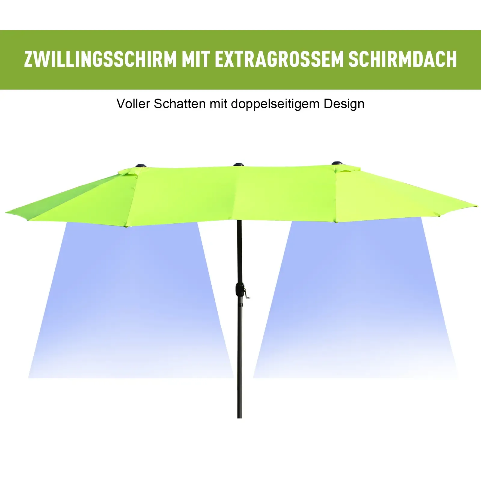 Ein grüner Doppelschirm steht mit einer schwarzen Stange und wirft Schatten auf den Boden.