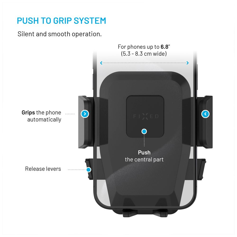 Ein schwarzer Telefonhalter mit Push-to-Grip-System, mit sichtbaren Griffen und Auslösehebeln.
