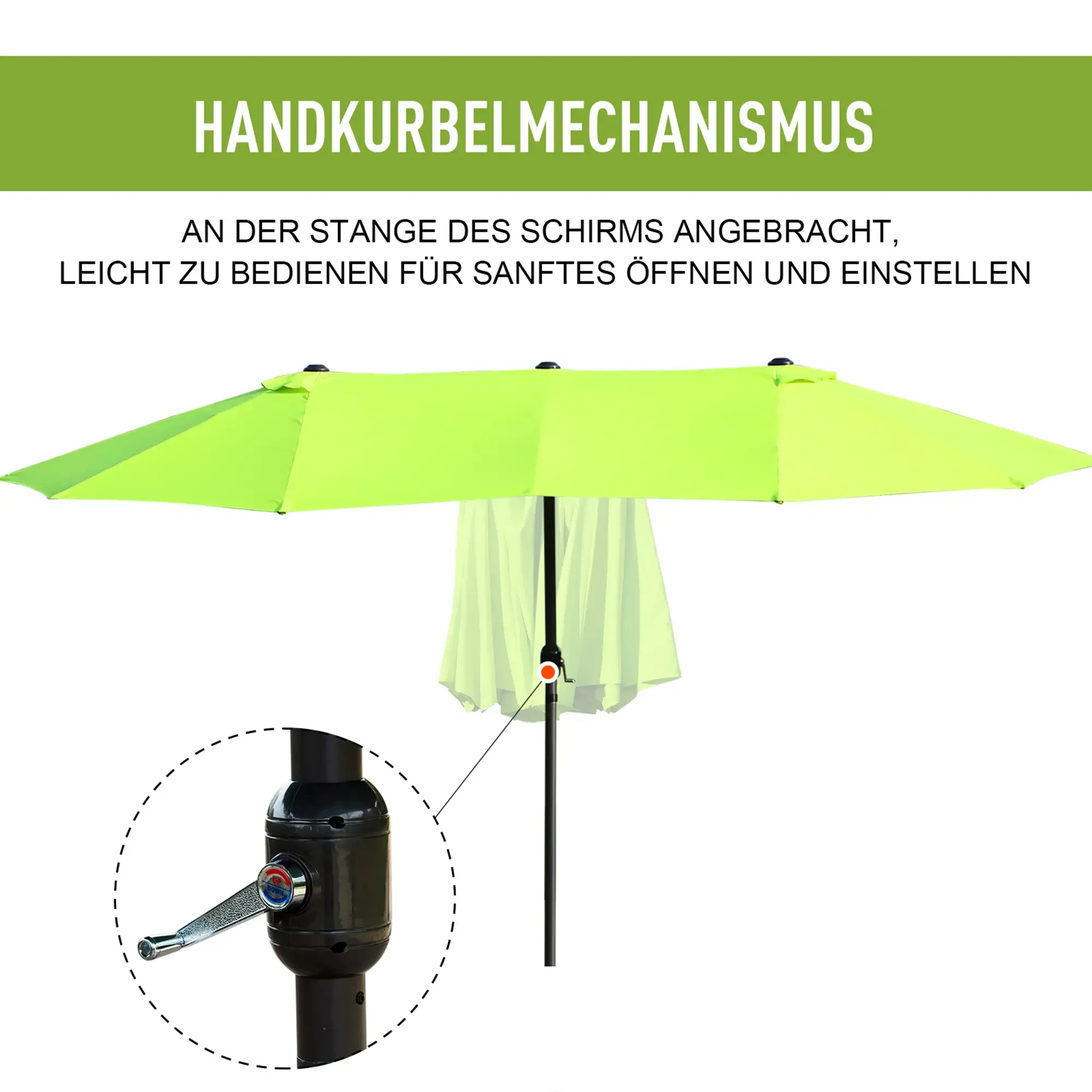 Ein grüner Schirm mit einem Handkurbelmechanismus, der an der Stange befestigt ist.