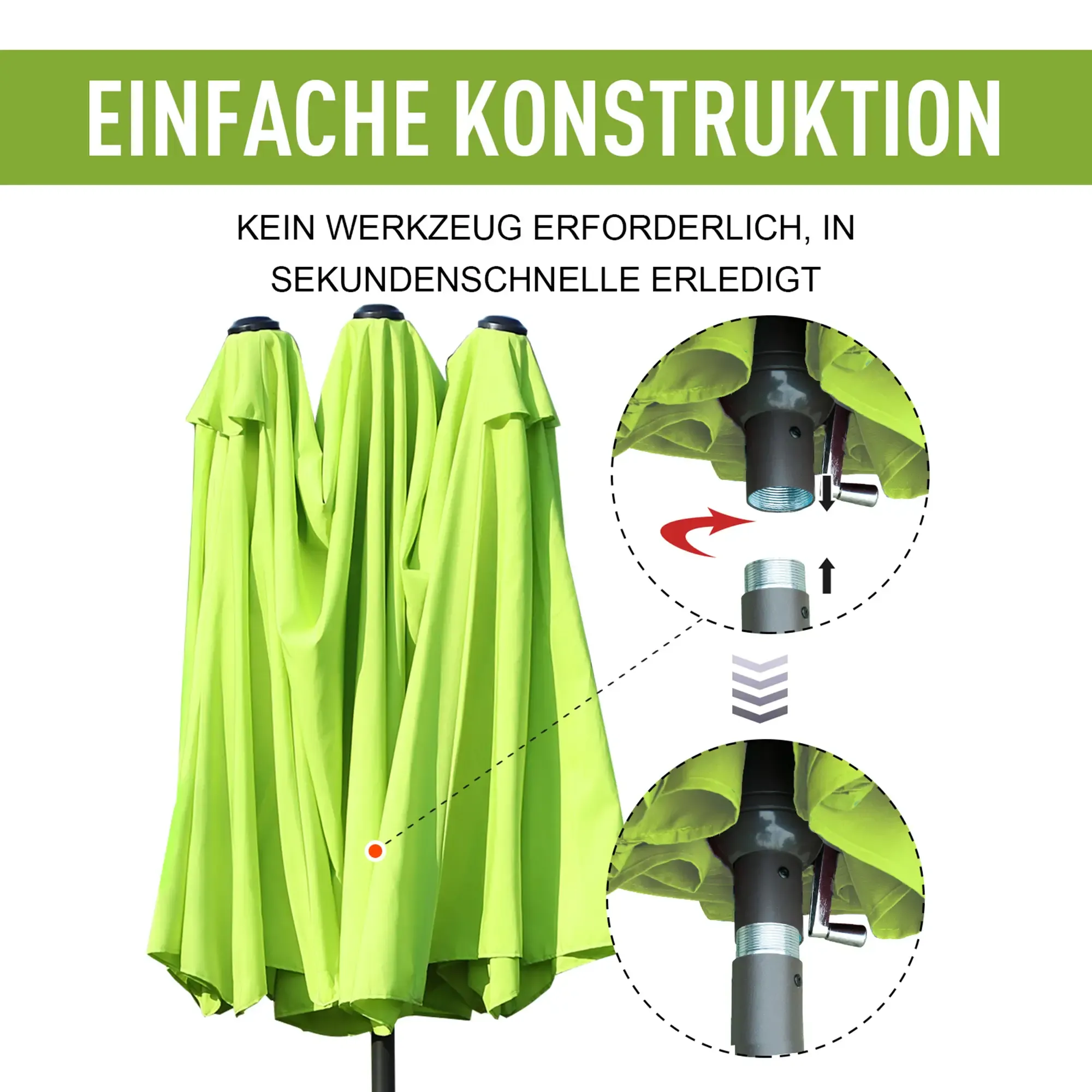 Eine grüne Schirmbaugruppe zeigt eine einfache Konstruktion, bei der keine Werkzeuge für den Aufbau erforderlich sind.