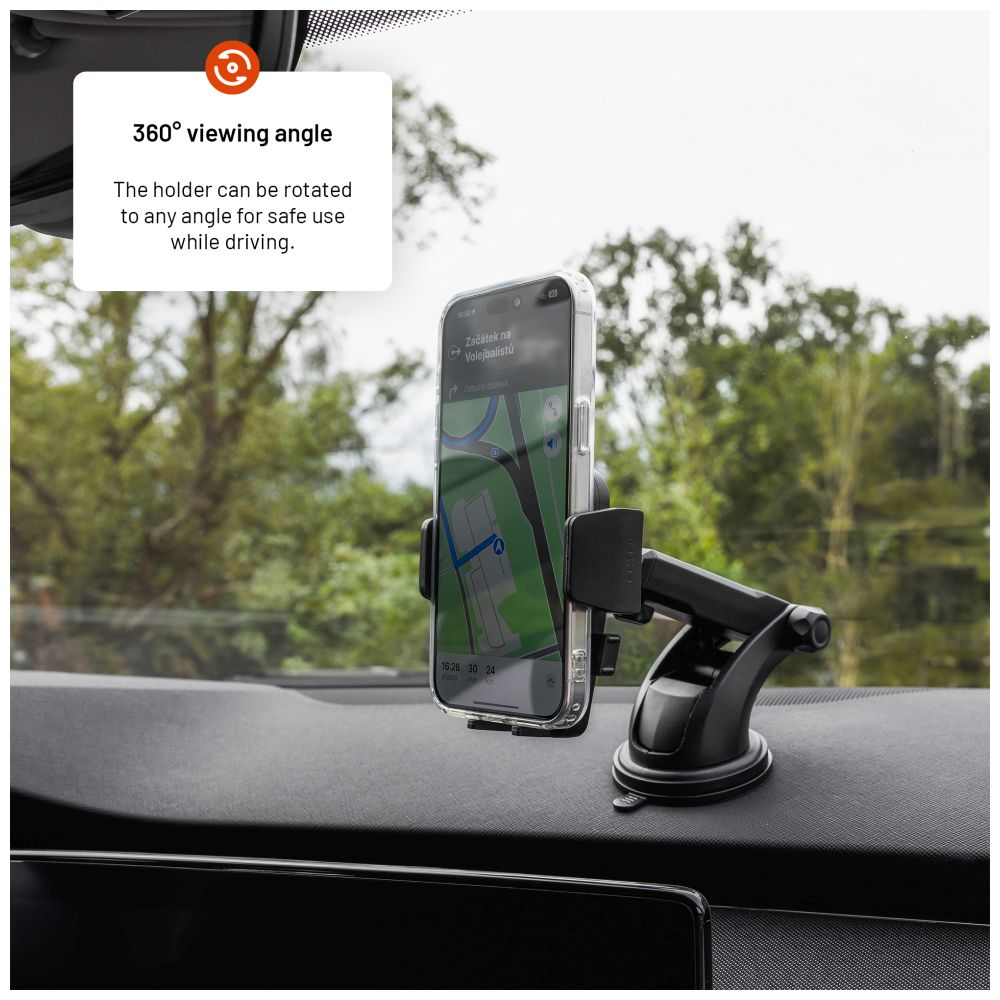 Ein Telefonhalter in einem Auto wird gezeigt, wobei eine Navigations-App auf dem Telefonbildschirm angezeigt wird.