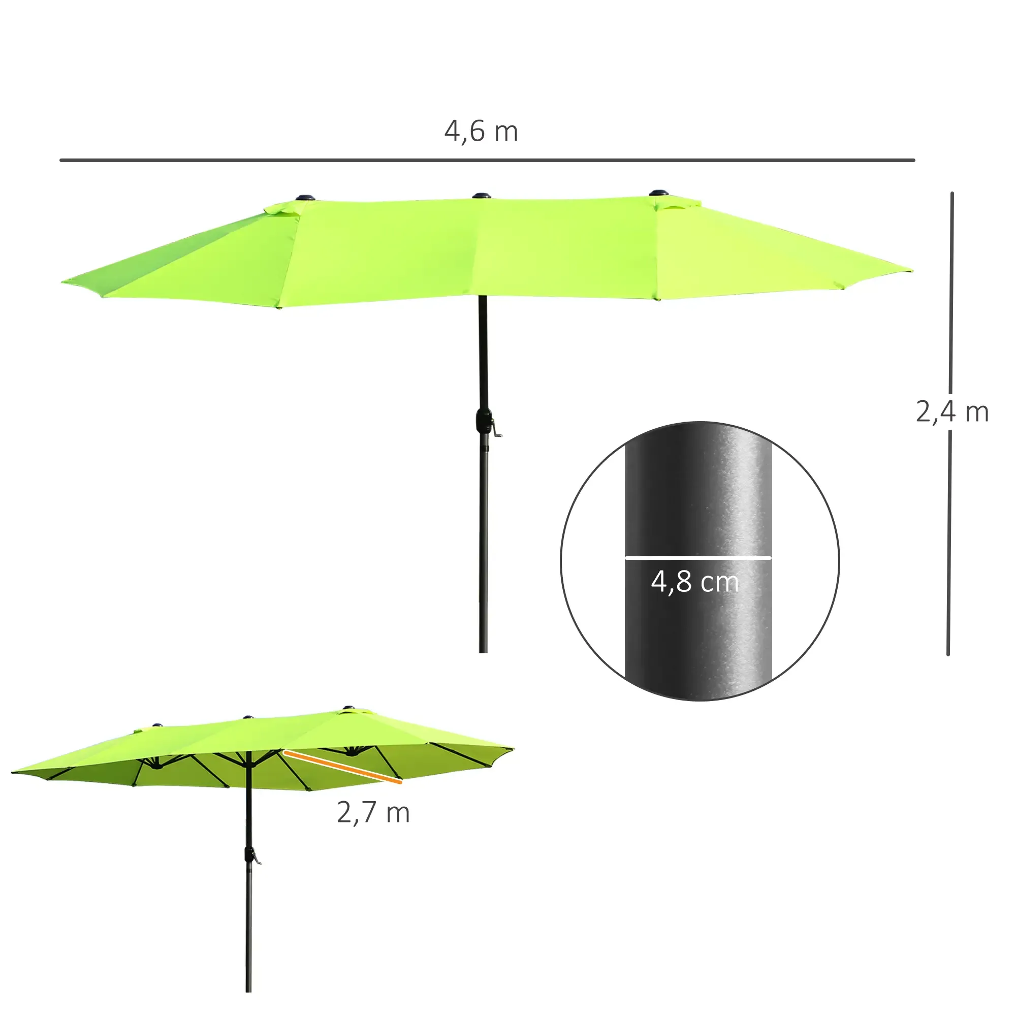 Grüner Sonnenschirm, 4,6 m breit, 2,4 m hoch. Eine kleinere Version zeigt eine Breite von 2,7 m.