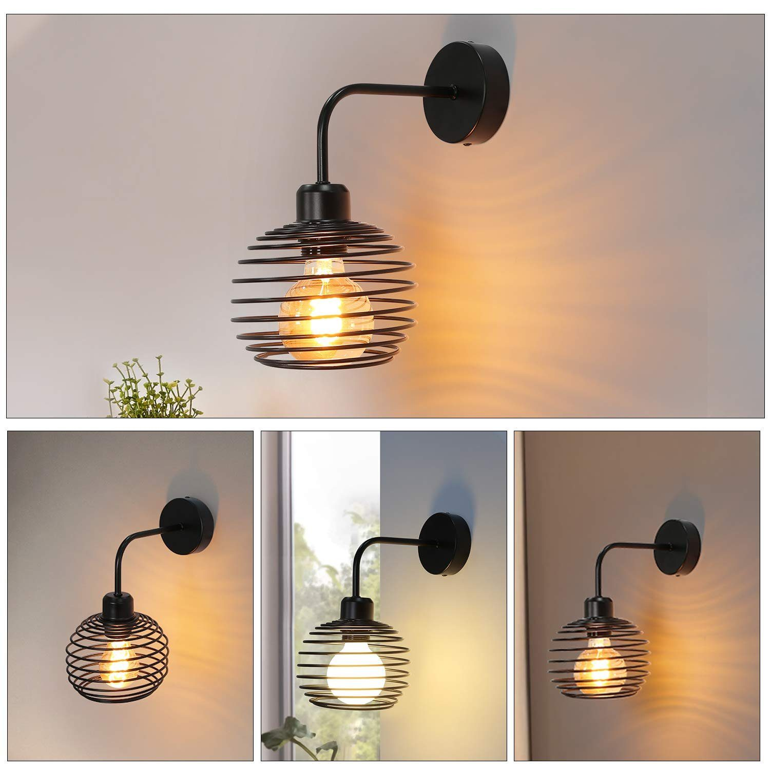Tre immagini di una lampada da parete a gabbia con lampadina accesa. La lampada è sul muro.