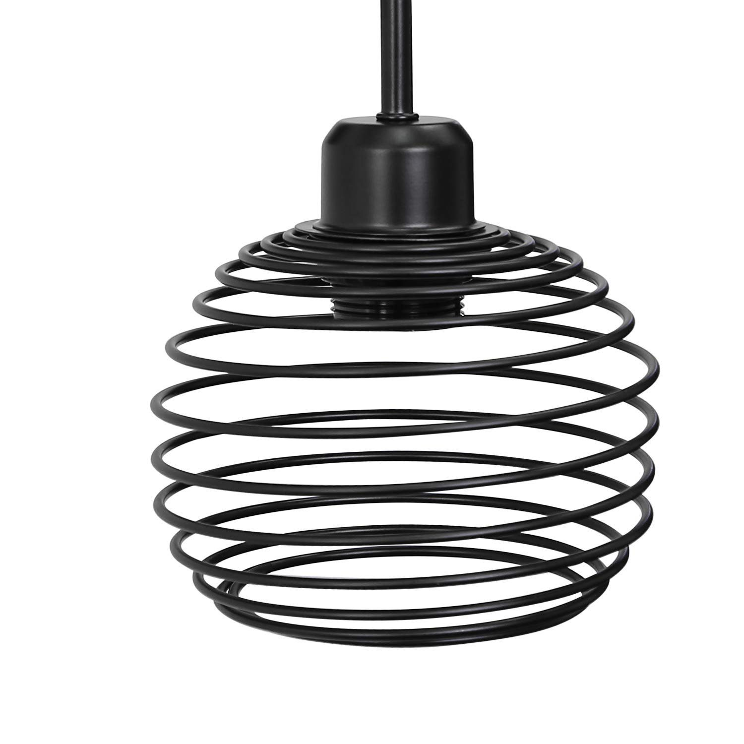 Lampada a sospensione nera a spirale. Ha una parte superiore cilindrica e anelli concentrici.