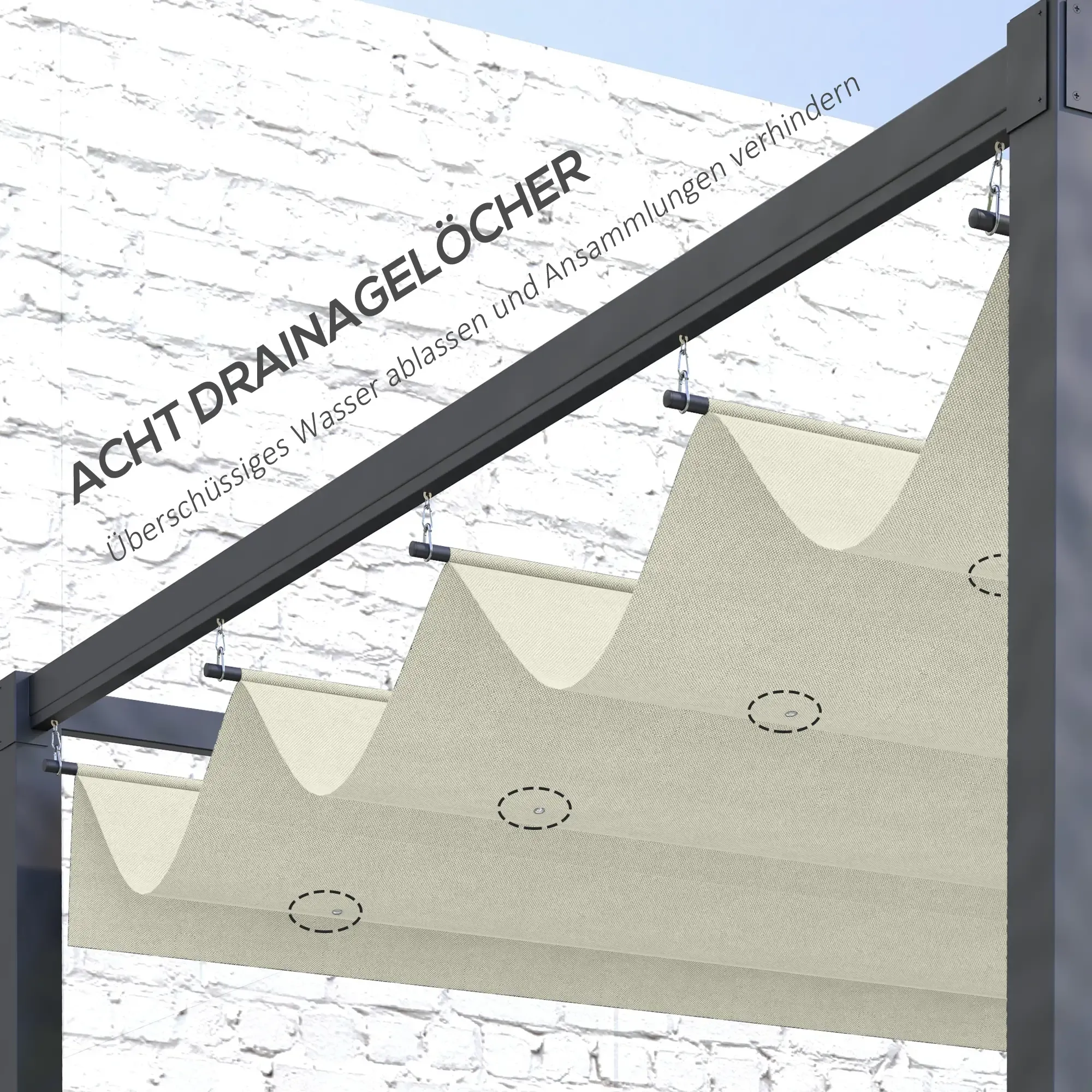 Pergola-Vordach mit Abflusslöchern. Text: Verhindert Wasseransammlungen und -abfluss.