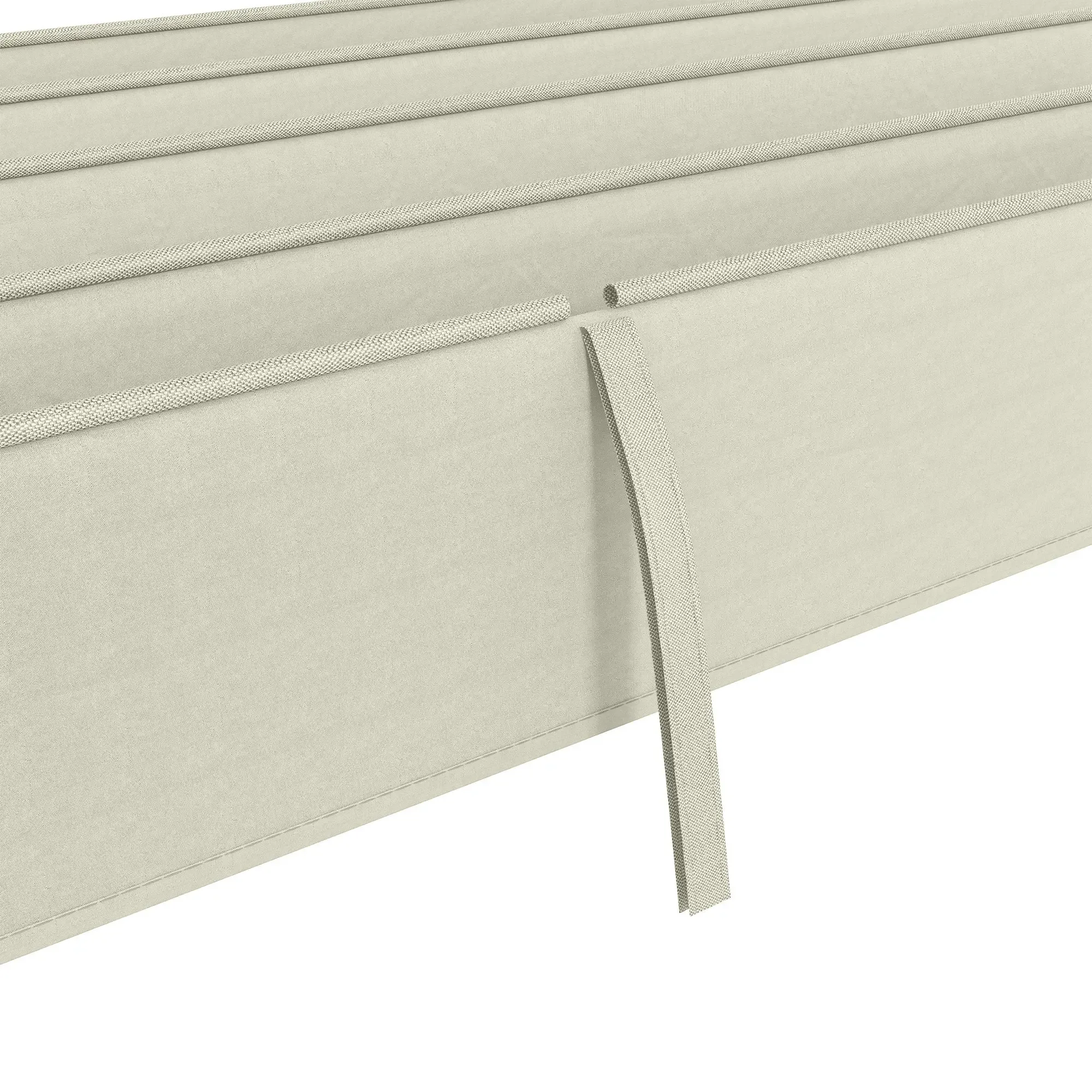 Nahaufnahme des beigen, wellenförmigen Pergola-Vordachmaterials. Die Falten sind sichtbar.