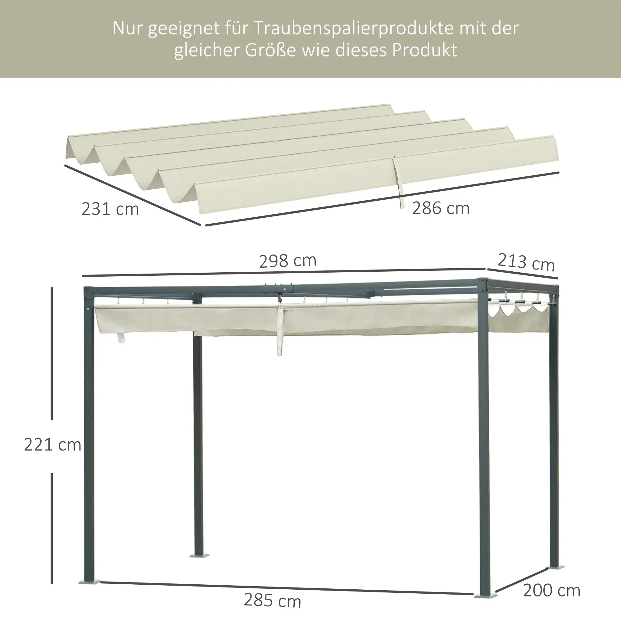 Technische Zeichnung mit den Abmessungen einer grauen Pergola mit beigem Stoffdach.