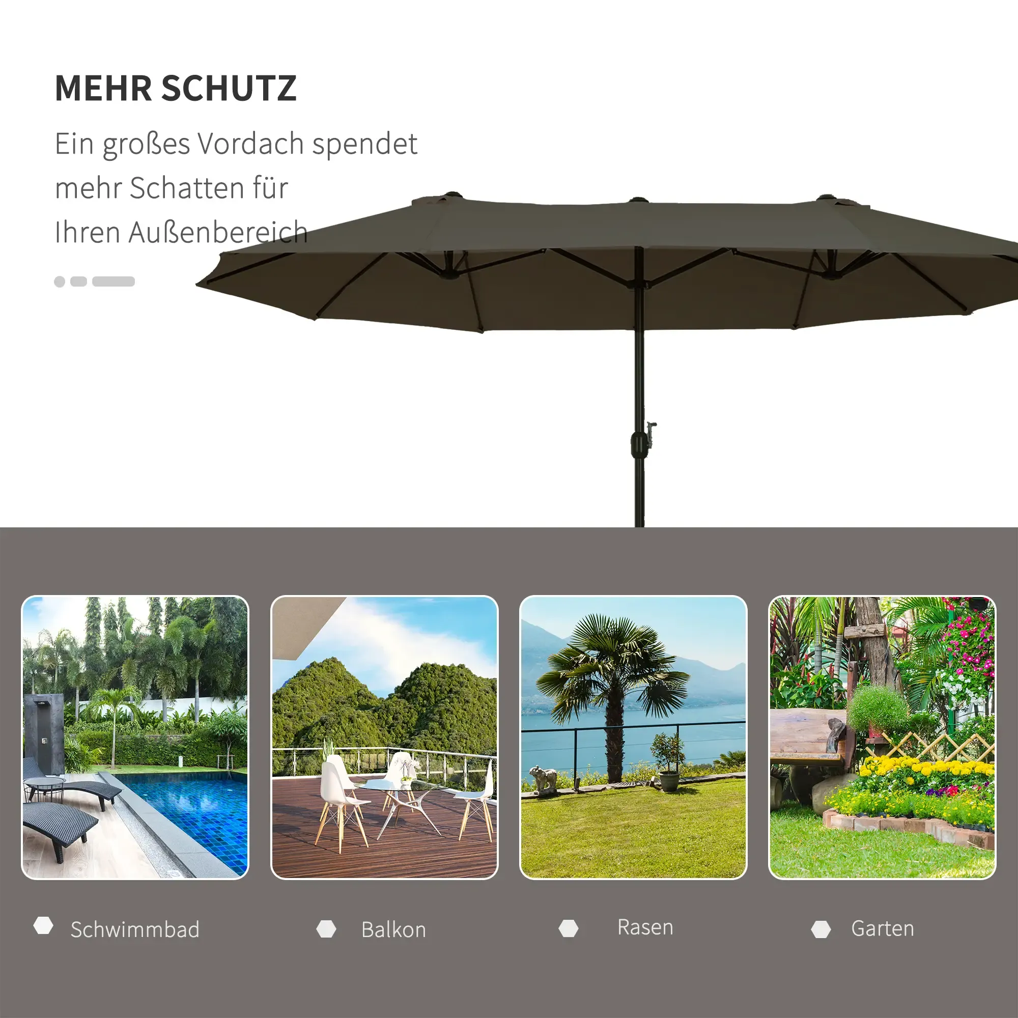 Bild, das einen großen Outdoor-Sonnenschirm zeigt, der Schatten spendet, mit Beispielumgebungen unten.