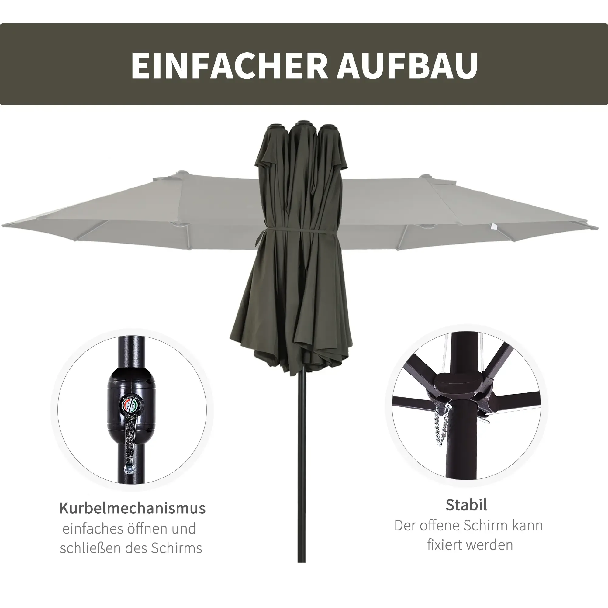 Bild, das einen Kurbelmechanismus und stabile Basisfunktionen eines grauen Doppel-Outdoor-Sonnenschirms zeigt.