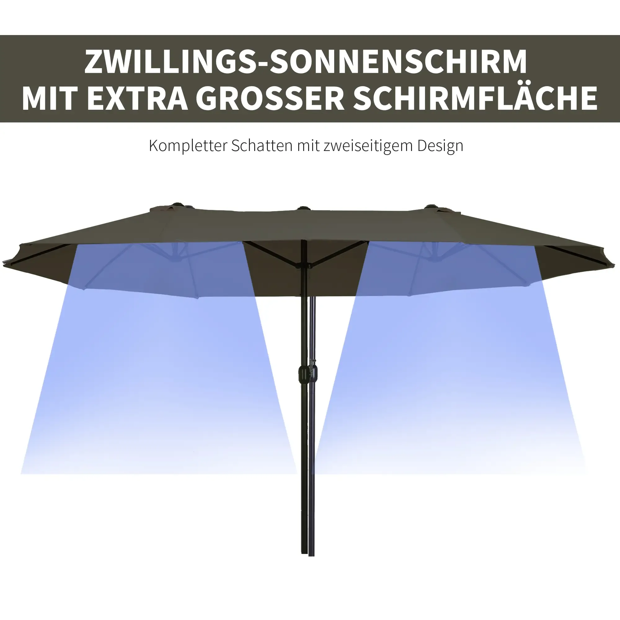 Doppelter Outdoor-Sonnenschirm in Grau, der Schatten spendet, wobei hellblaue Schattierung den Abdeckungsbereich anzeigt.