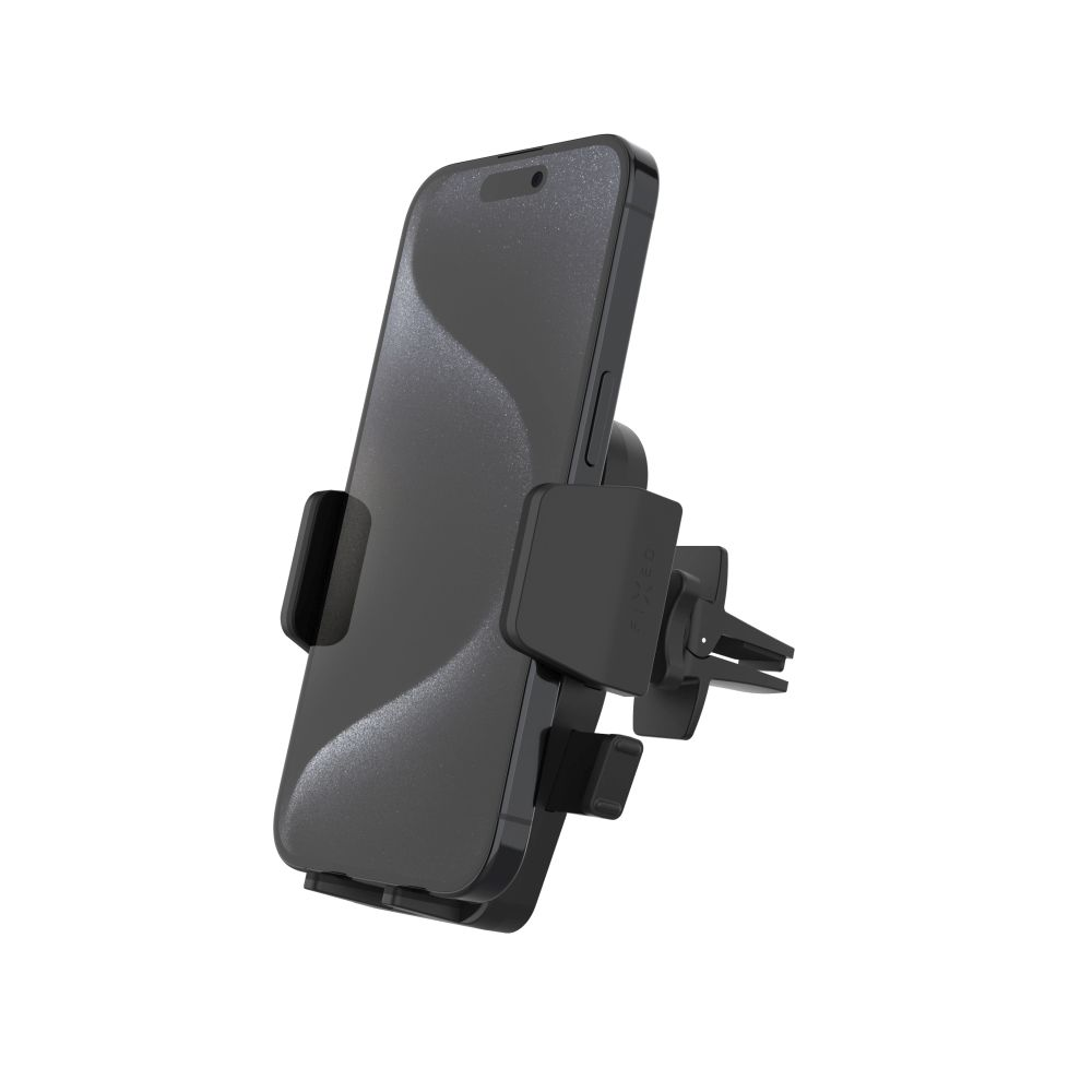 Schwarzes Telefon, das in einer Autohalterung montiert ist, die an einer Entlüftung befestigt ist und eine sichere Platzierung zeigt.