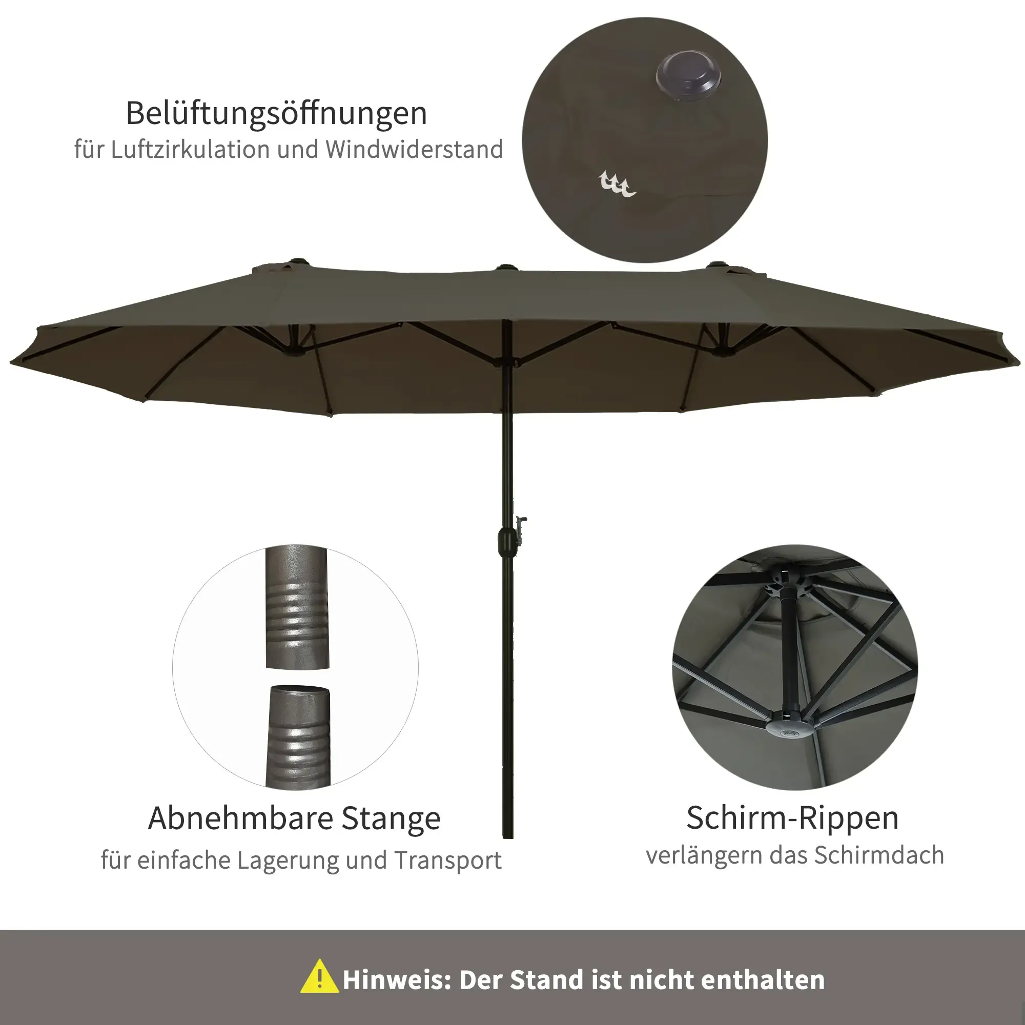 Merkmale eines grauen Doppel-Outdoor-Sonnenschirms: Belüftungsöffnungen, abnehmbare Stange und Baldachinrippen.