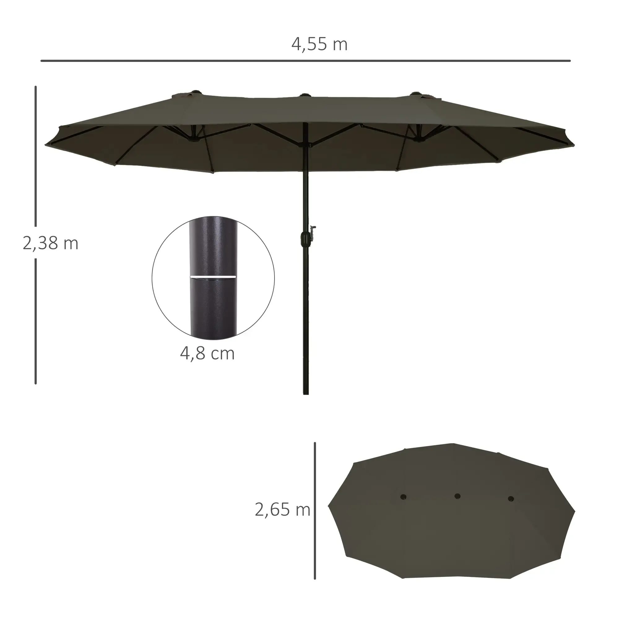Diagramm eines Sonnenschirms mit Abmessungen; er ist 4,55 m breit und 2,38 m hoch.