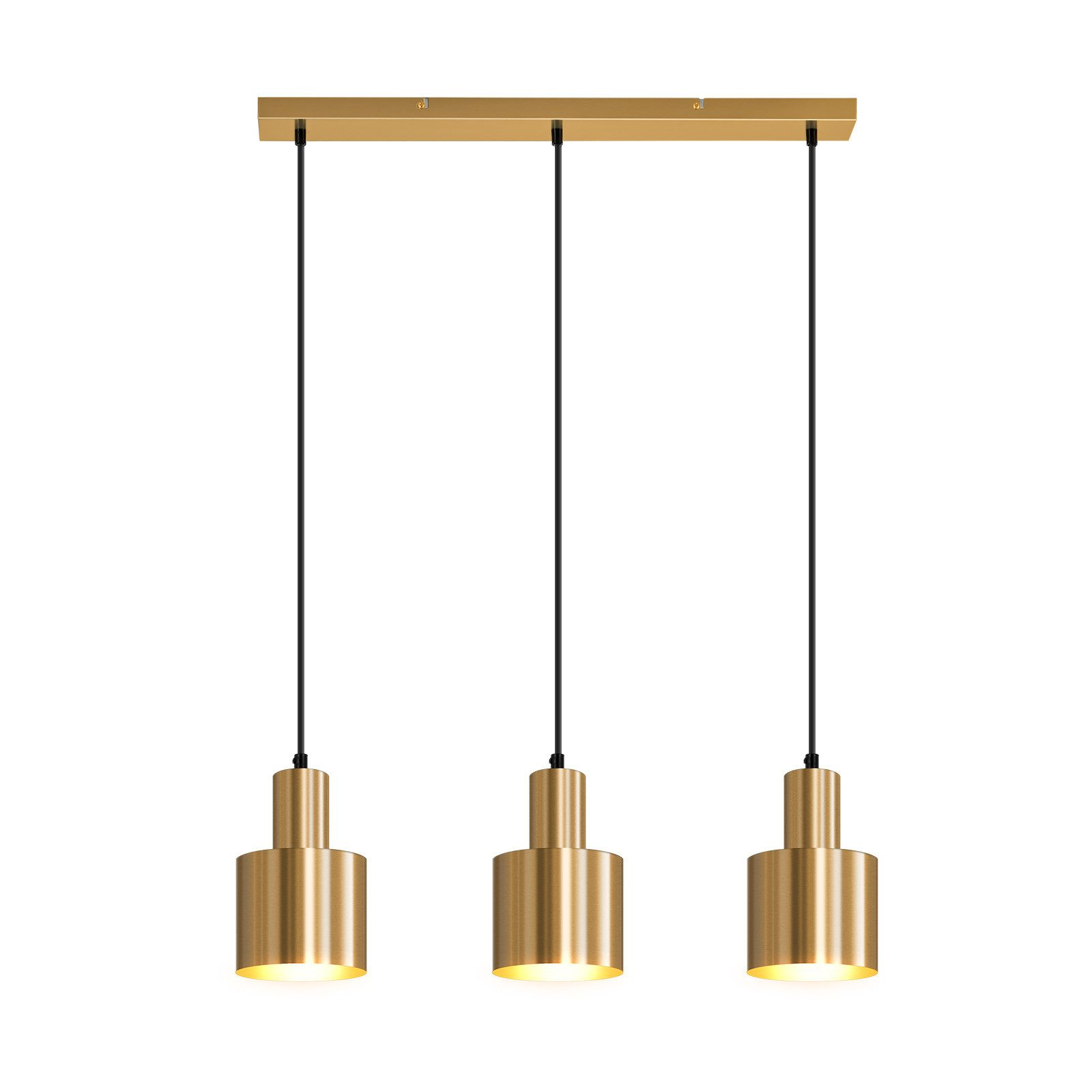 Drei goldene Pendelleuchten hängen von einer rechteckigen goldenen Basis vor einem weißen Hintergrund.