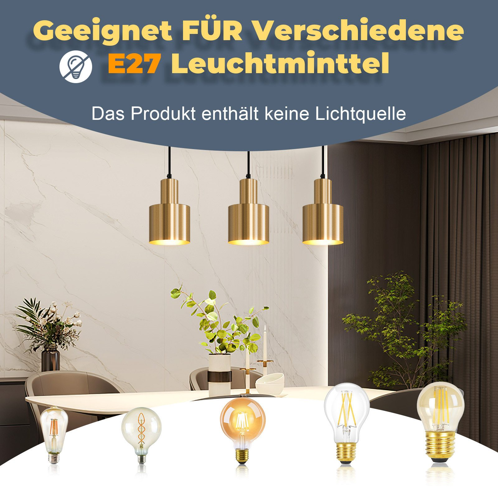 Das Bild zeigt drei goldene Pendelleuchten über einem Tisch mit verschiedenen Glühbirnen.