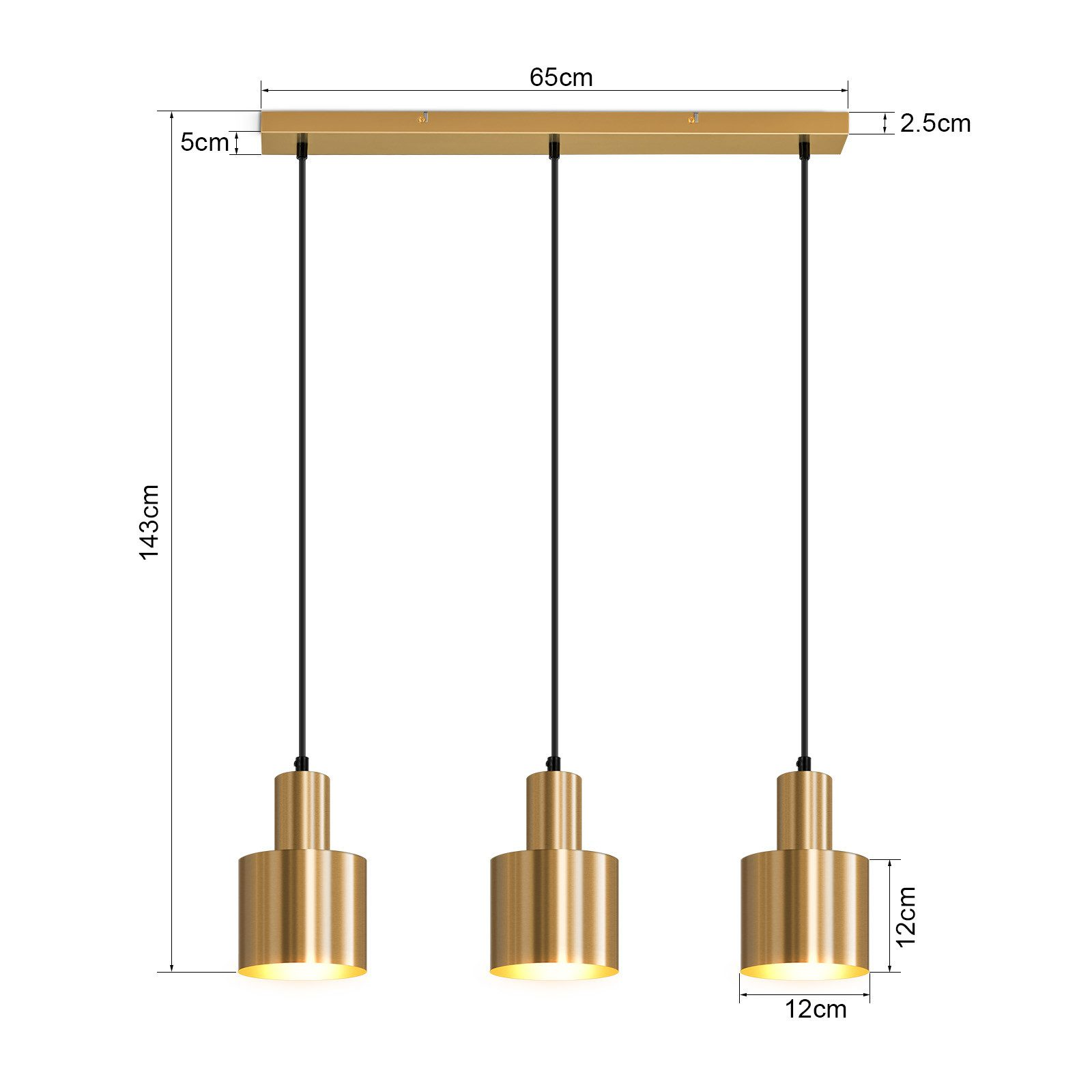 Maßdiagramm einer dreiflammigen goldenen Pendelleuchte mit Maßen in Zentimetern.