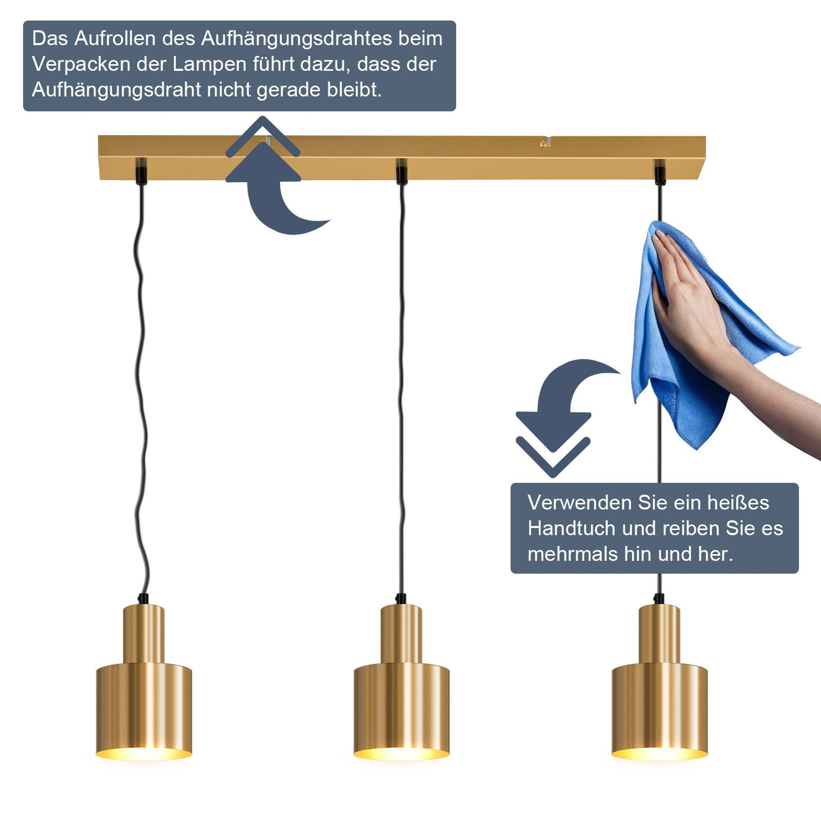 Das Diagramm zeigt, wie man drei goldene Pendelleuchten mit einem Tuch verstellt und reinigt.