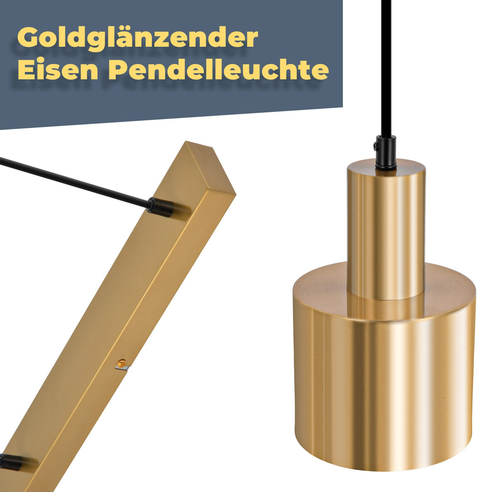 Nahaufnahme einer goldenen Eisenpendelleuchte, die das Material und das Design hervorhebt.