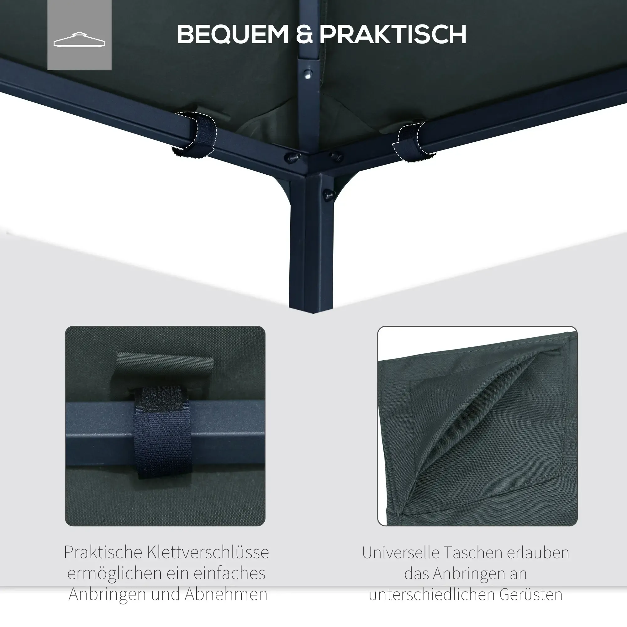 Eine Nahaufnahme zeigt die Befestigung des Gazebodachs mit Klettbändern und Taschen zur einfachen Montage.