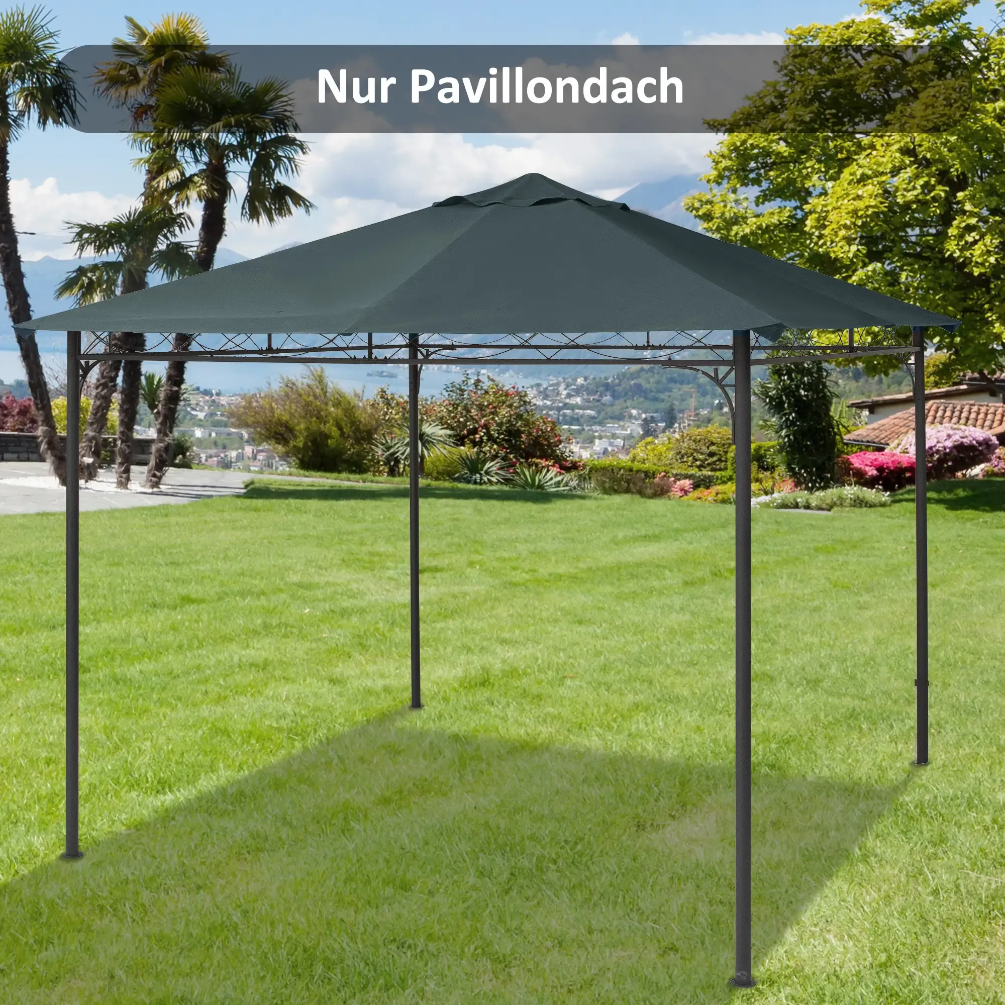 Ein Gazebodach in einer grünen Gartenanlage mit Palmen und klarem Himmel im Hintergrund.