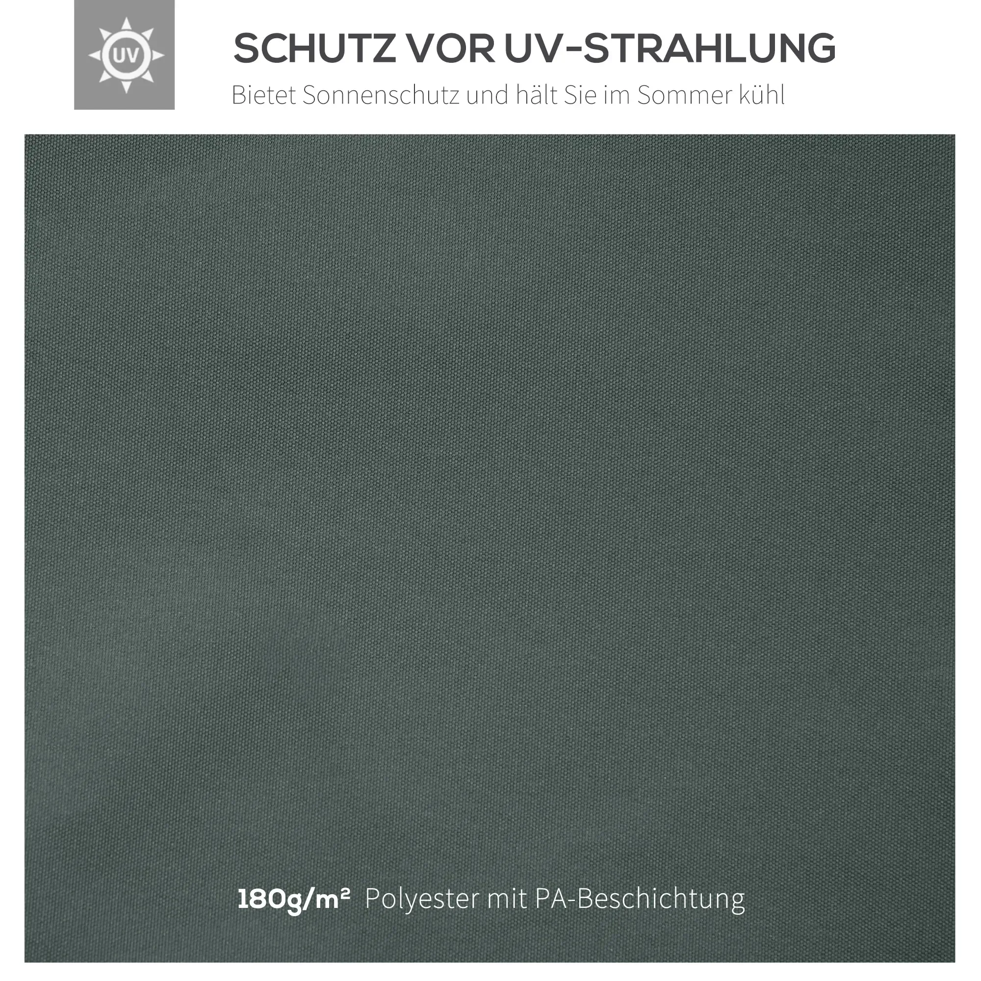 Nahaufnahme eines grauen Polyestergewebes mit PA-Beschichtung, 180 g/m², das UV-Schutz vor Sonnenlicht bietet.