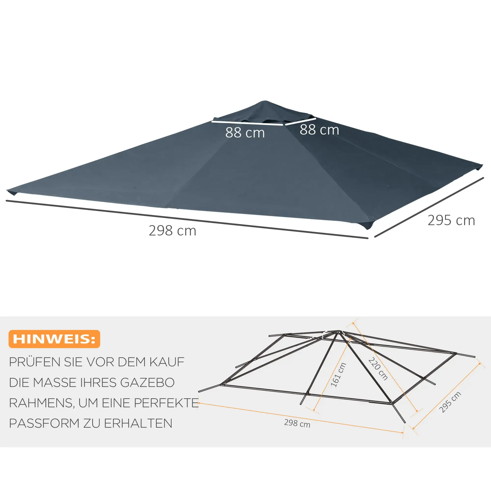 Diagramm mit den Abmessungen des Gazebodachs: 298 cm lang, 295 cm breit und 88 cm für den oberen Teil.