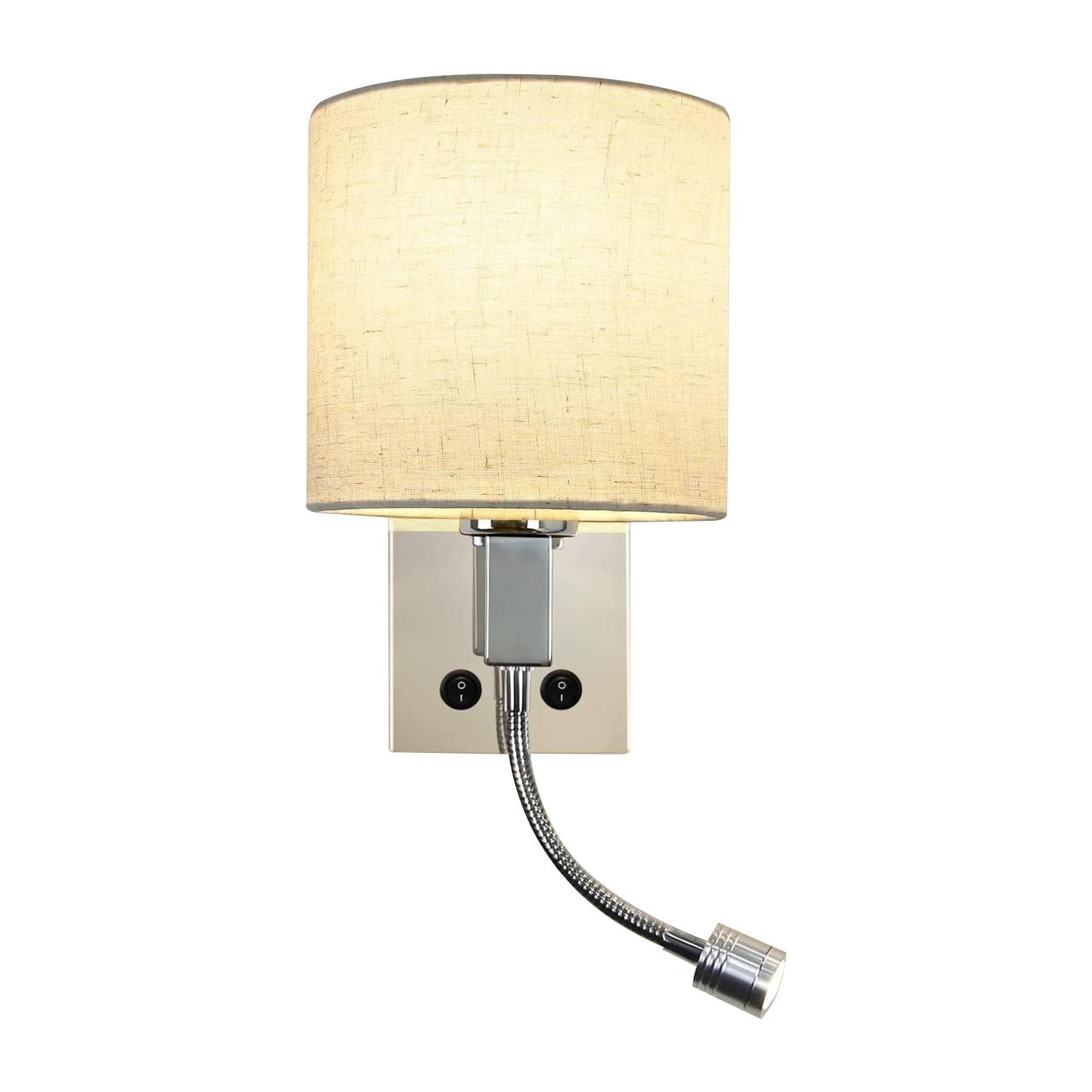 Lampa ścienna z cylindrycznym kloszem i elastyczną lampką do czytania, na białym tle.