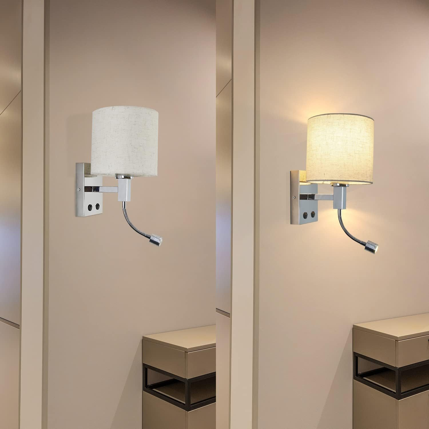 Lampy ścienne z abażurem z tkaniny i elastyczną lampką do czytania, pokazane oświetlone i nieoświetlone na beżowej ścianie.