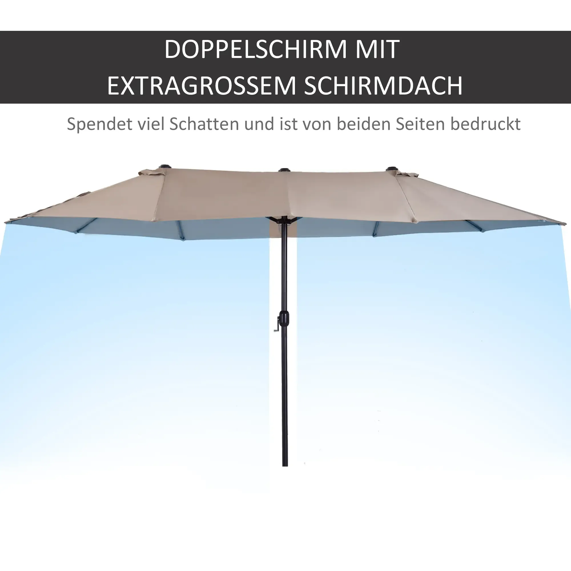 Ein beiger Terrassenschirm mit schwarzem Gestell wird vor einem blauen Hintergrund mit Textüberlagerung gezeigt.