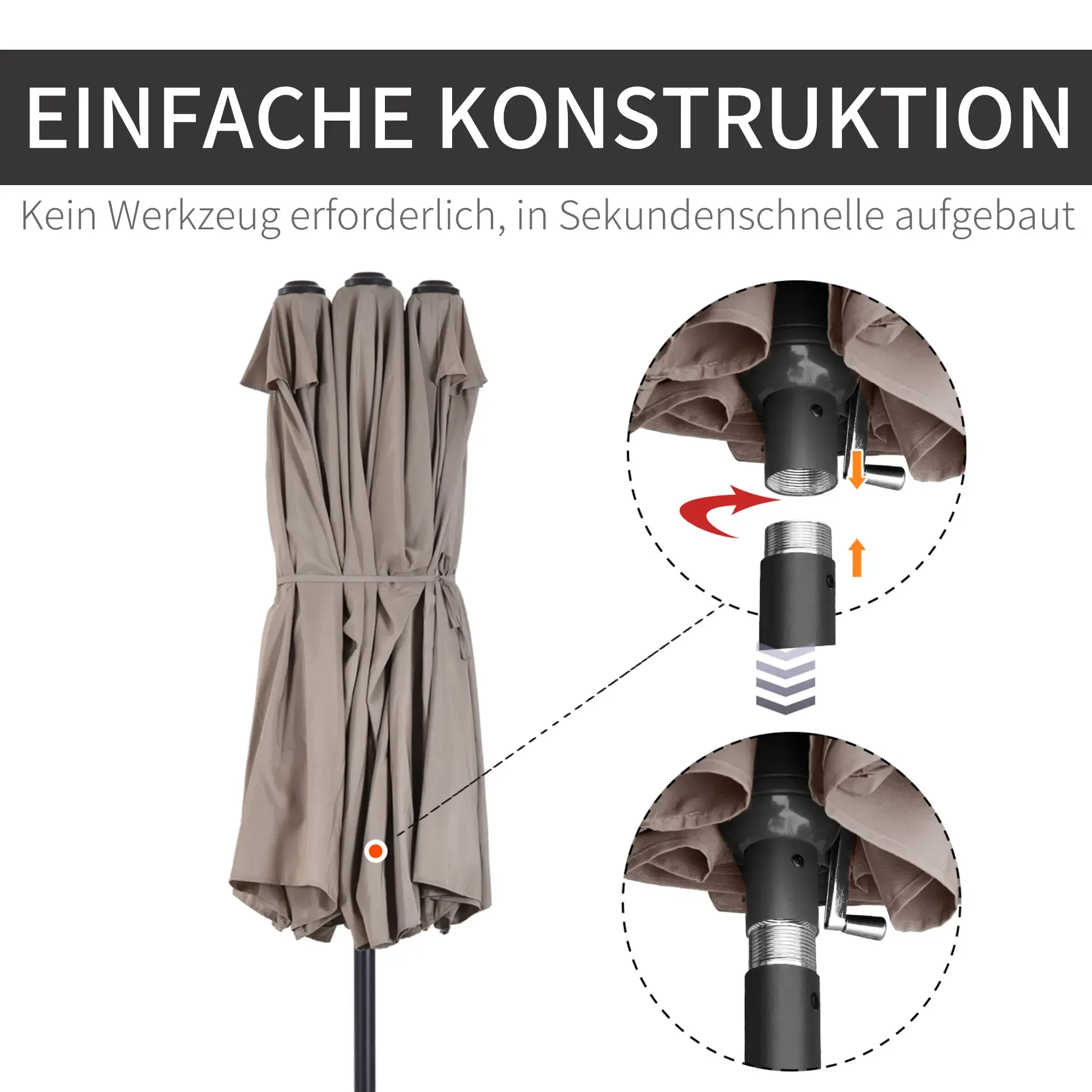 Ein geschlossener, beiger Terrassenschirm und Montageanleitungen werden vor einem weißen Hintergrund angezeigt.