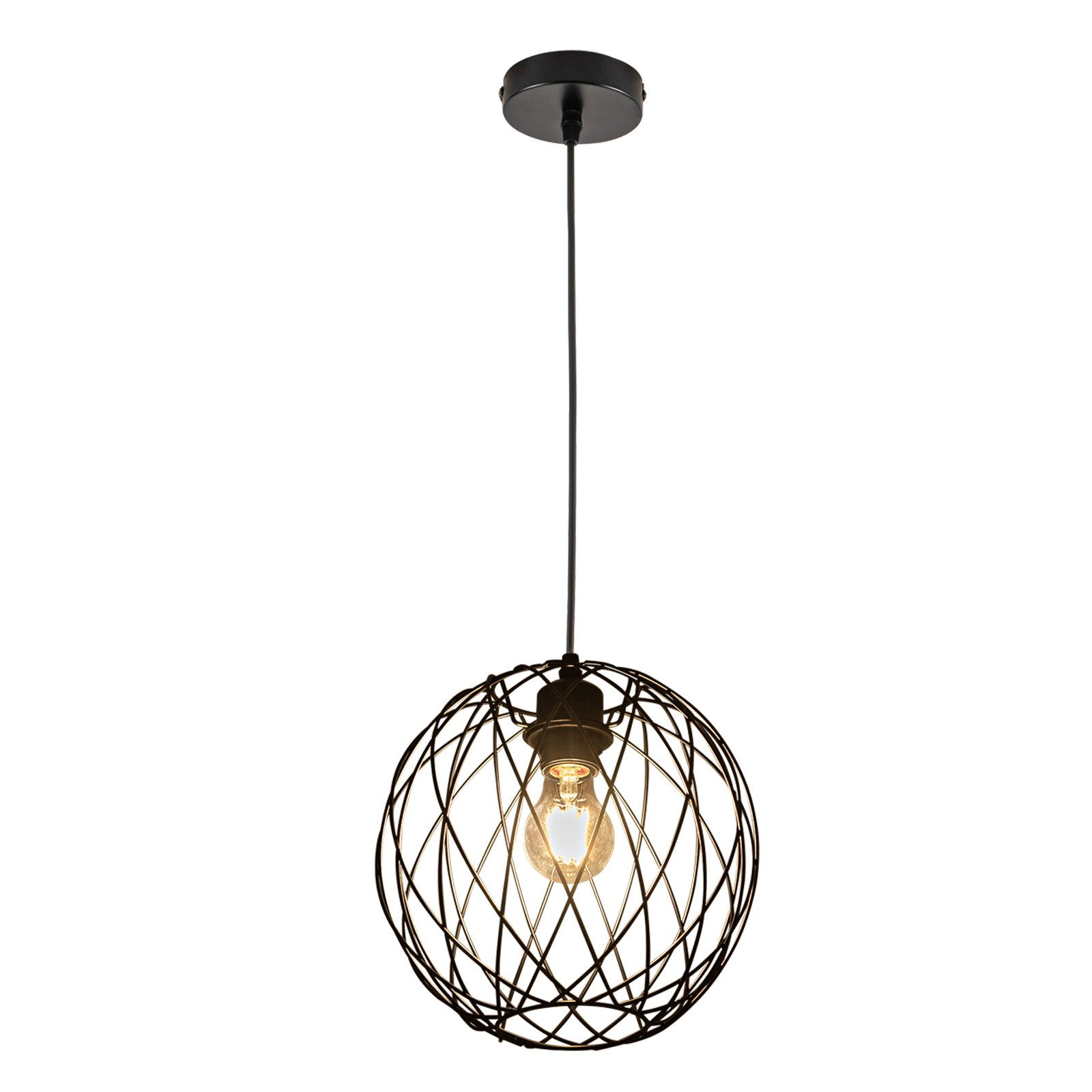 Una lampada a sospensione nera in fil di ferro con una lampadina visibile è centrata su uno sfondo bianco.