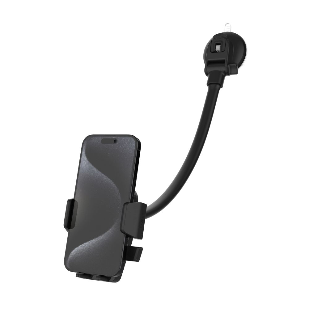 Ein schwarzes Smartphone ist an einer schwarzen, verstellbaren Autohalterung mit Saugnapf befestigt, vor einem einfachen weißen Hintergrund.