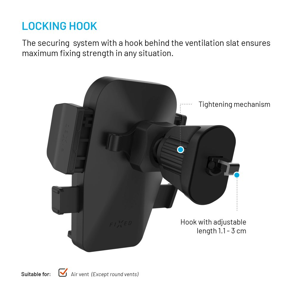 Ein schwarzer Handyhalter für den Lüftungsschlitz im Auto wird mit Beschriftungen für den Verriegelungshaken und den Spannmechanismus angezeigt.